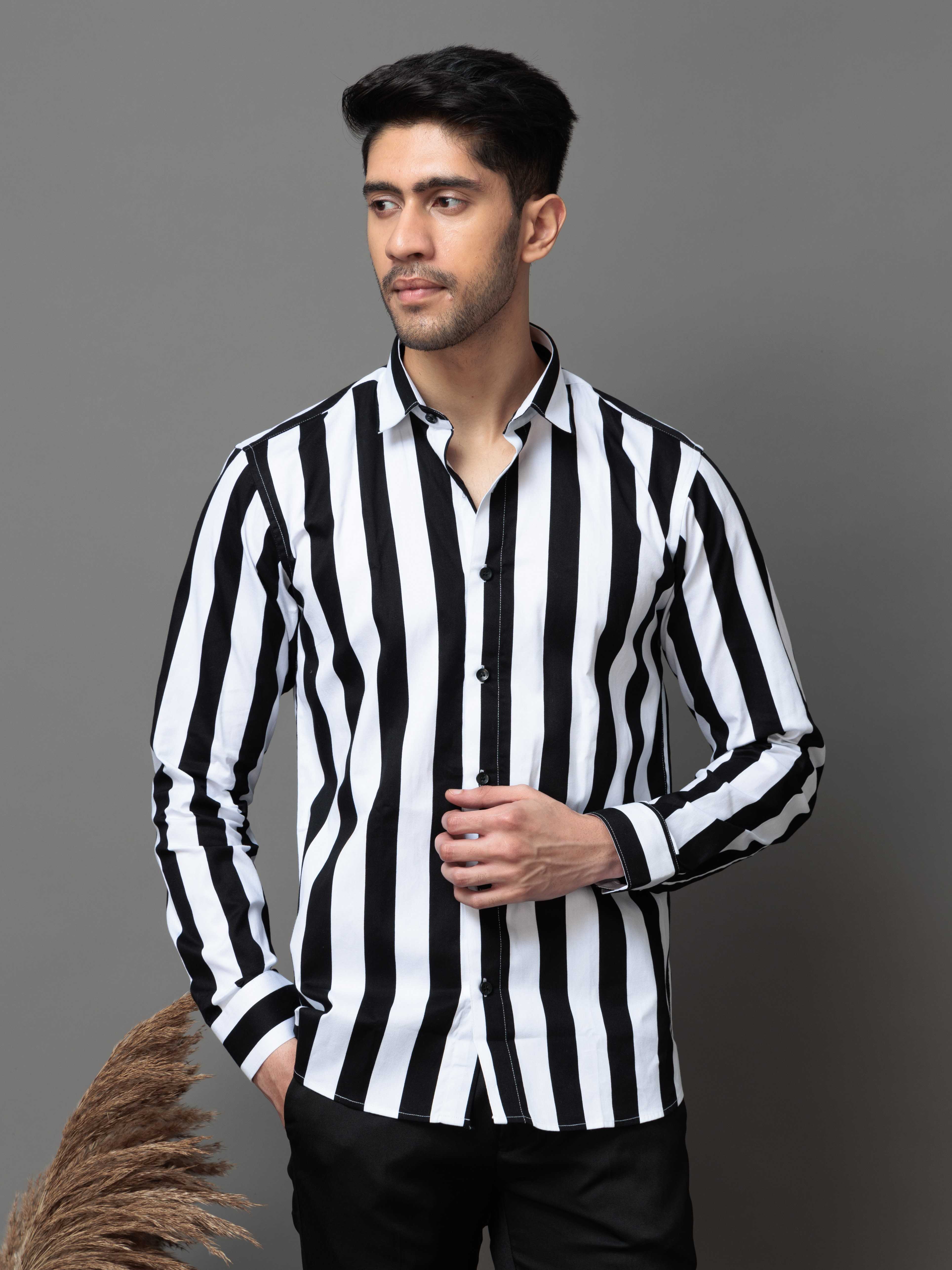 BLACK STRIPED PRINTED COTTON CASUAL SHIRT FOR MEN'S