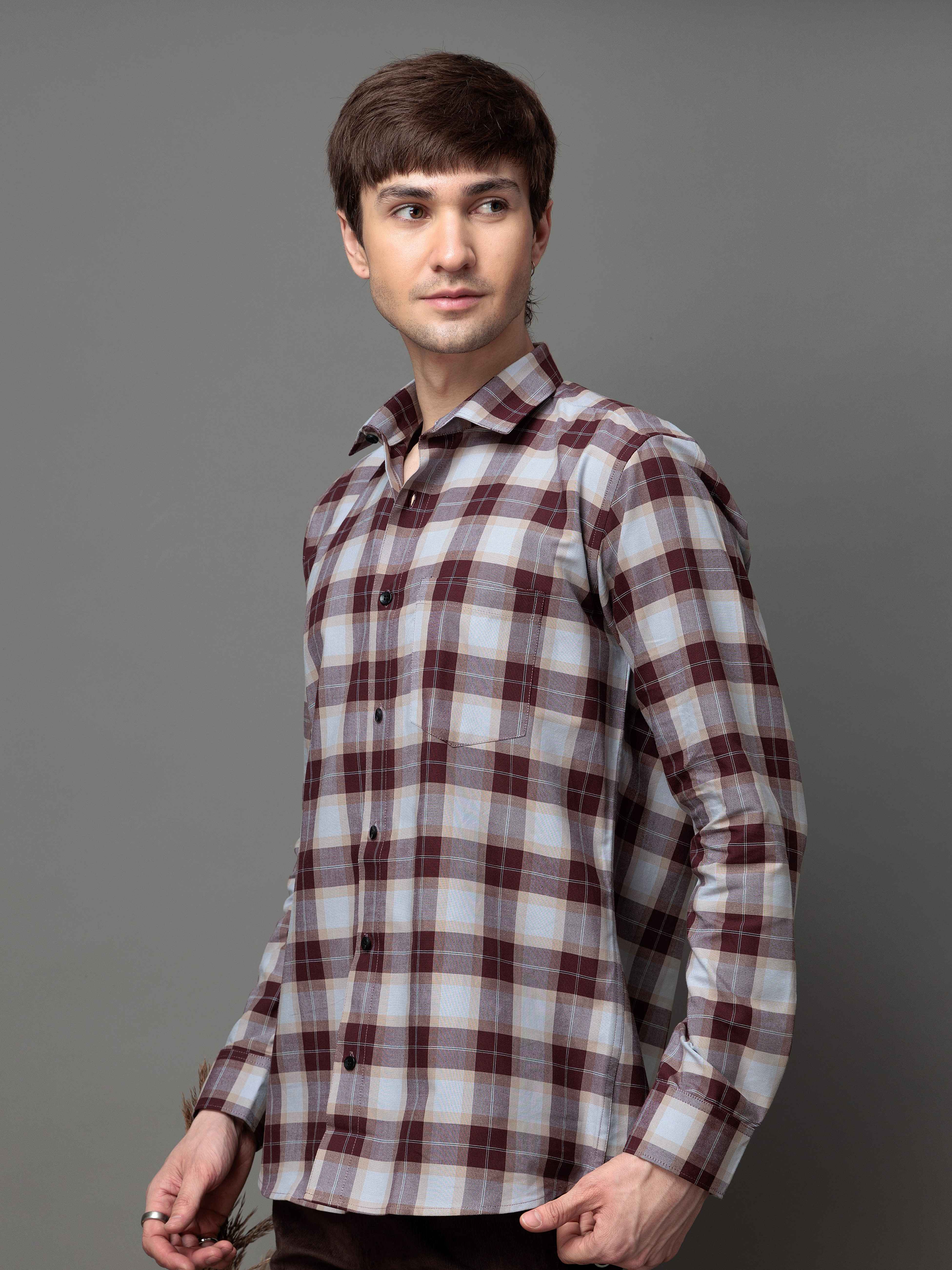 SQUARE WINE CHECKED COTTON CASUAL SHIRT FOR MEN'S