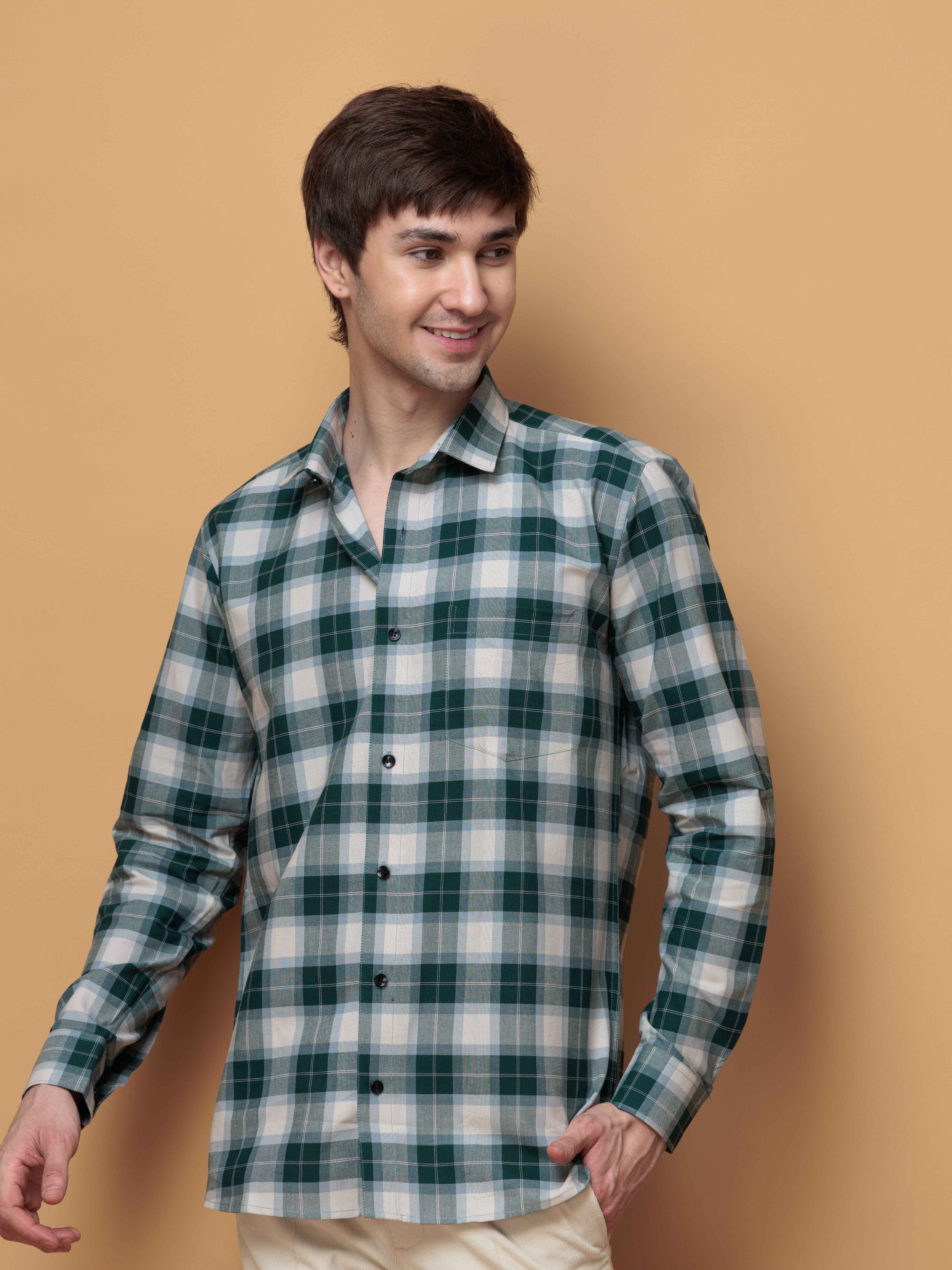 SQUARE GREEN CHECKED COTTON CASUAL SHIRT FOR MEN'S