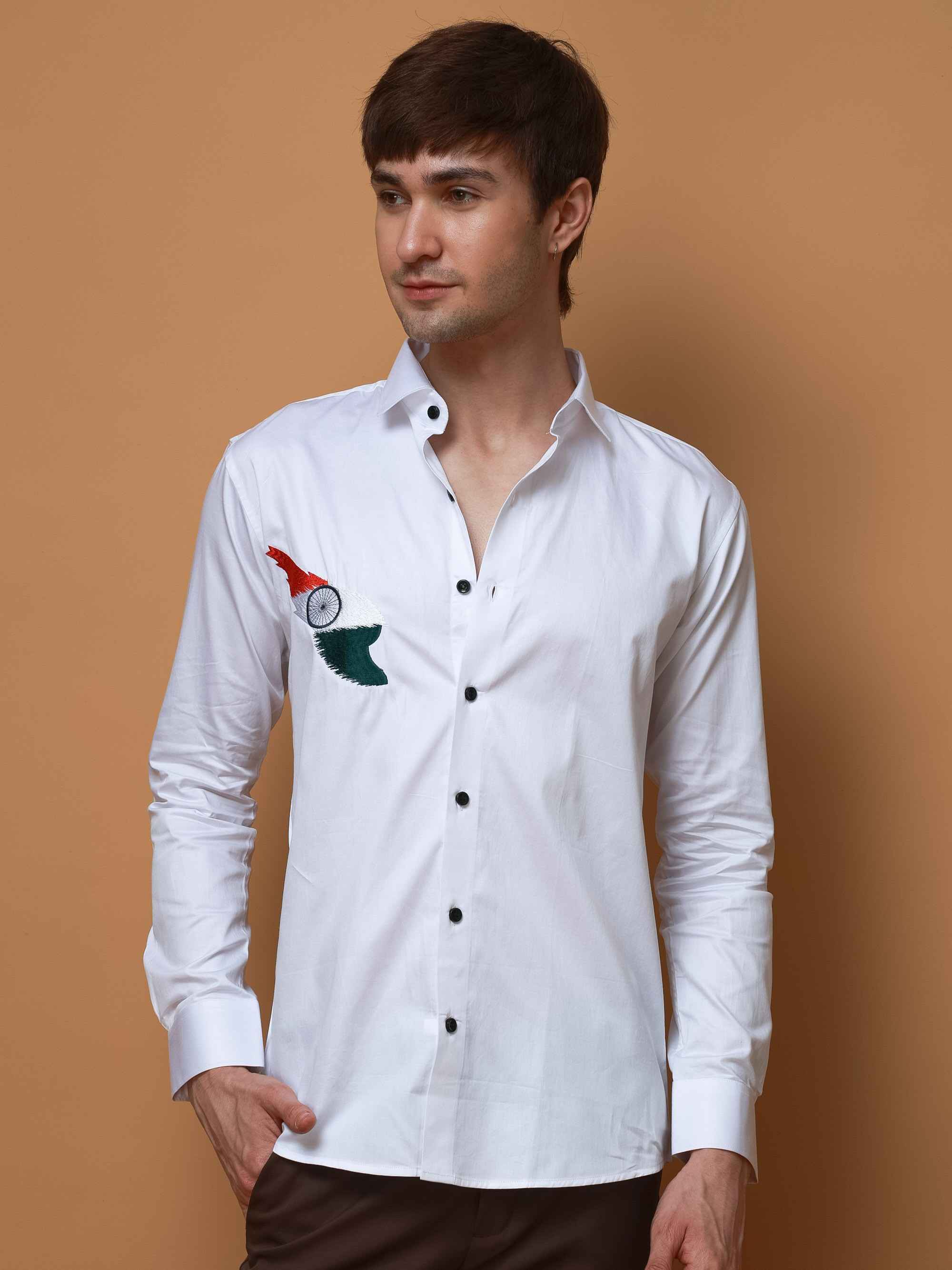 WHITE TIRANGA EMBROIDERED DESIGNER SATIN COTTON SHIRT FOR MEN'S