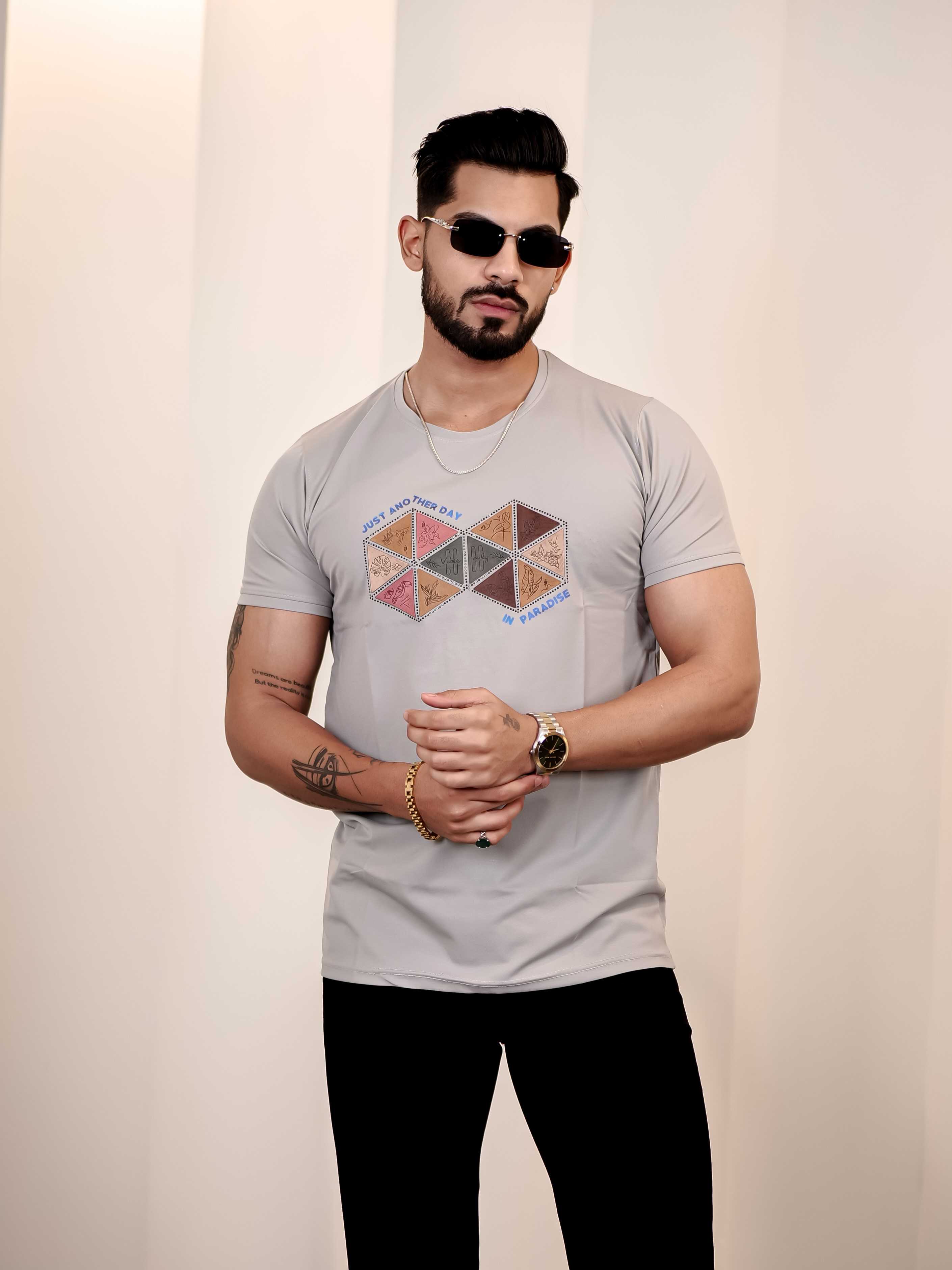 Grey Round Neck Imported Cotton Half Sleeve Premium Designer T-Shirt