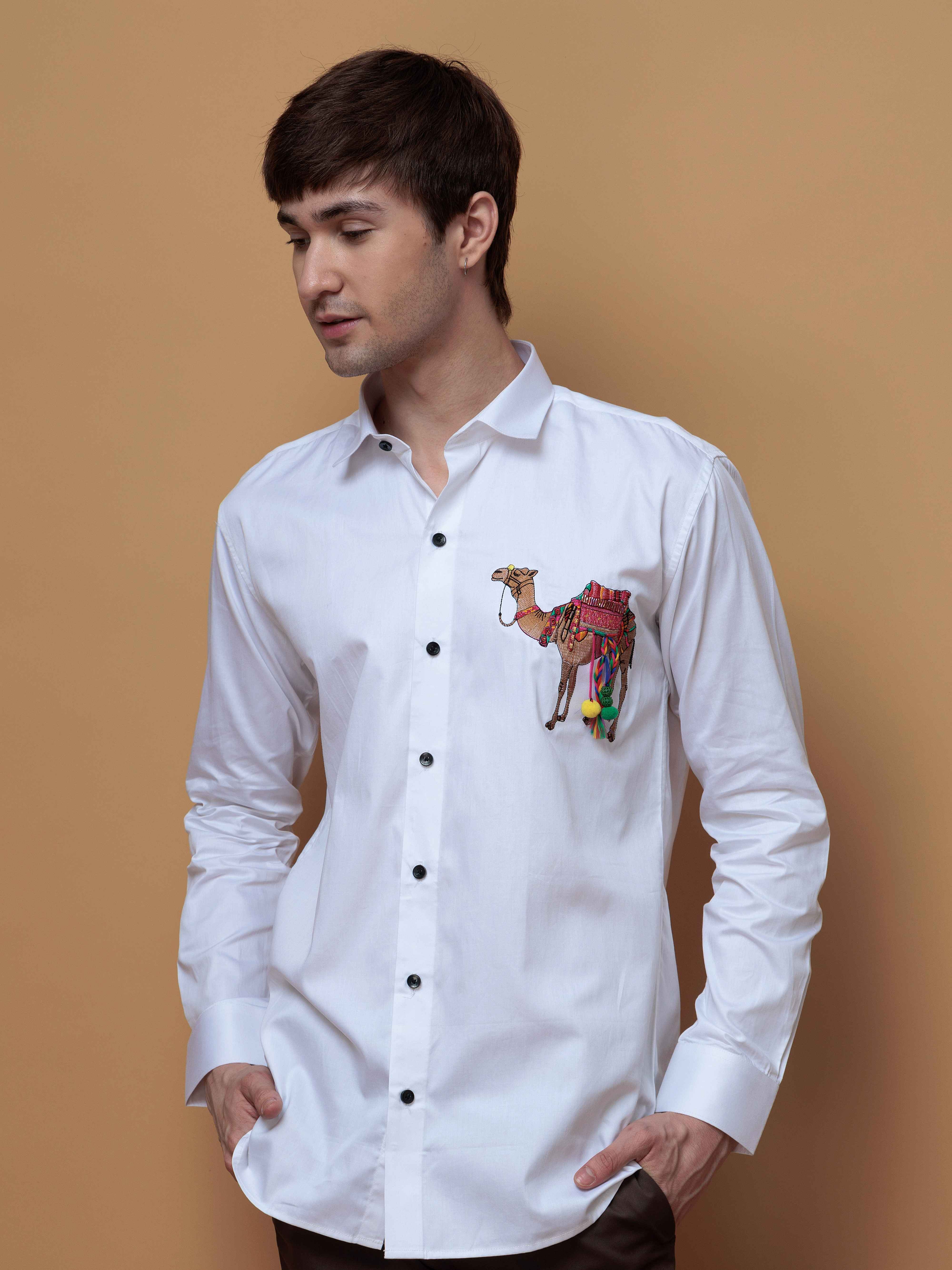 WHITE CAMEL EMBROIDERED DESIGNER SATIN COTTON SHIRT FOR MEN'S