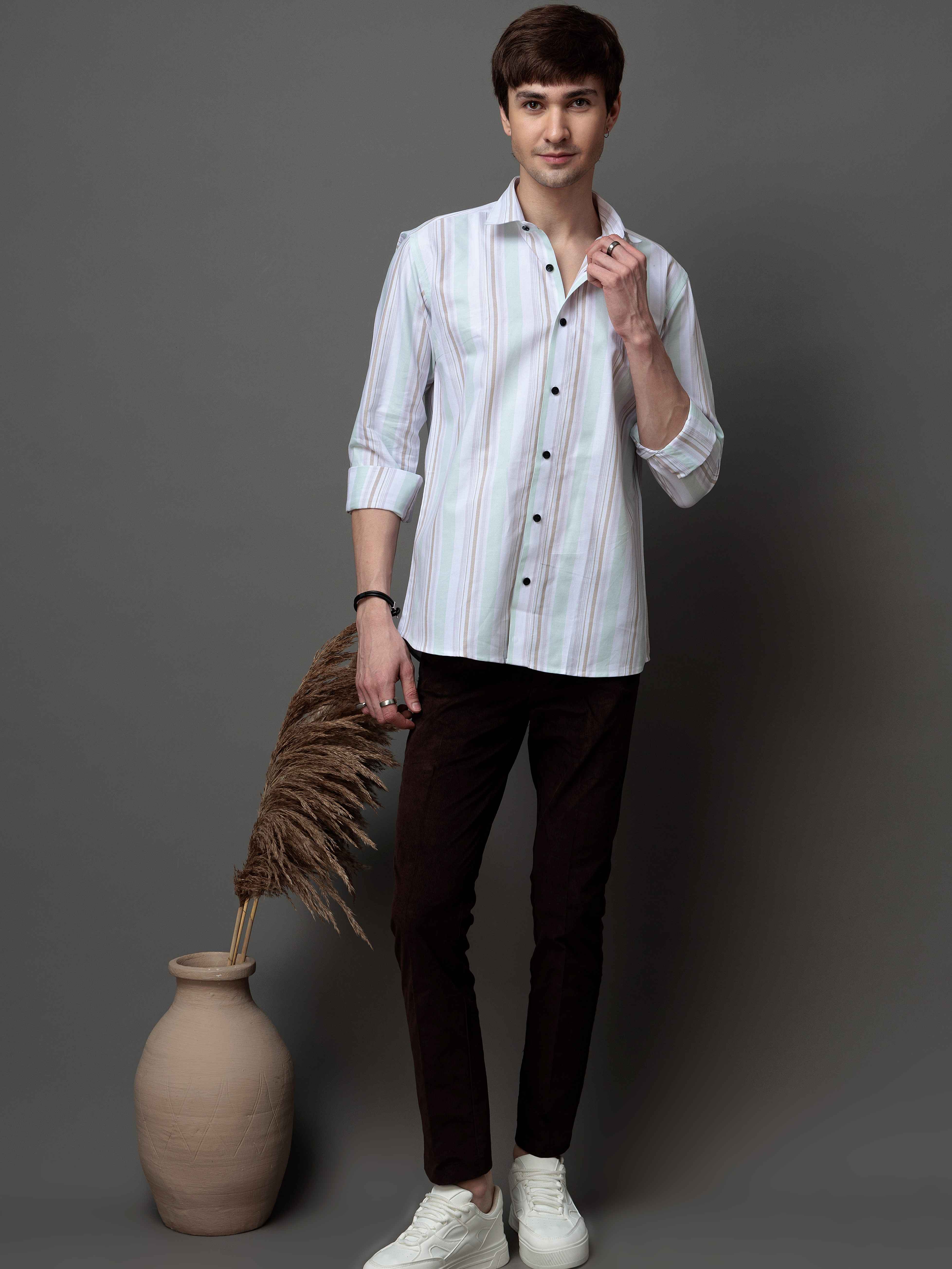GREEN MULTI STRIPES COTTON REGULAR FIT MEN'S CASUAL SHIRT FOR MEN'S