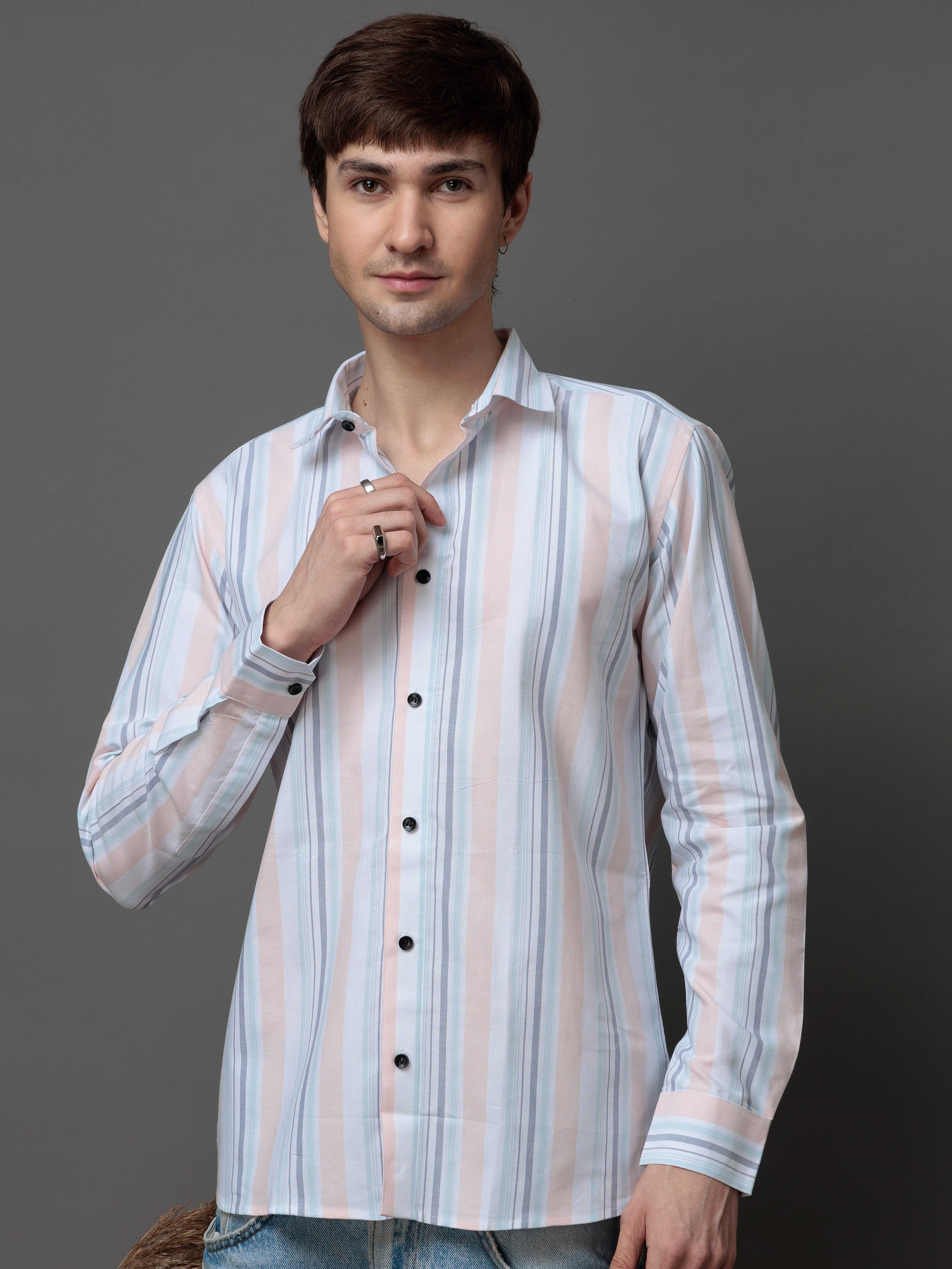 PEACH MULTI STRIPES COTTON REGULAR FIT MEN'S CASUAL SHIRT FOR MEN'S