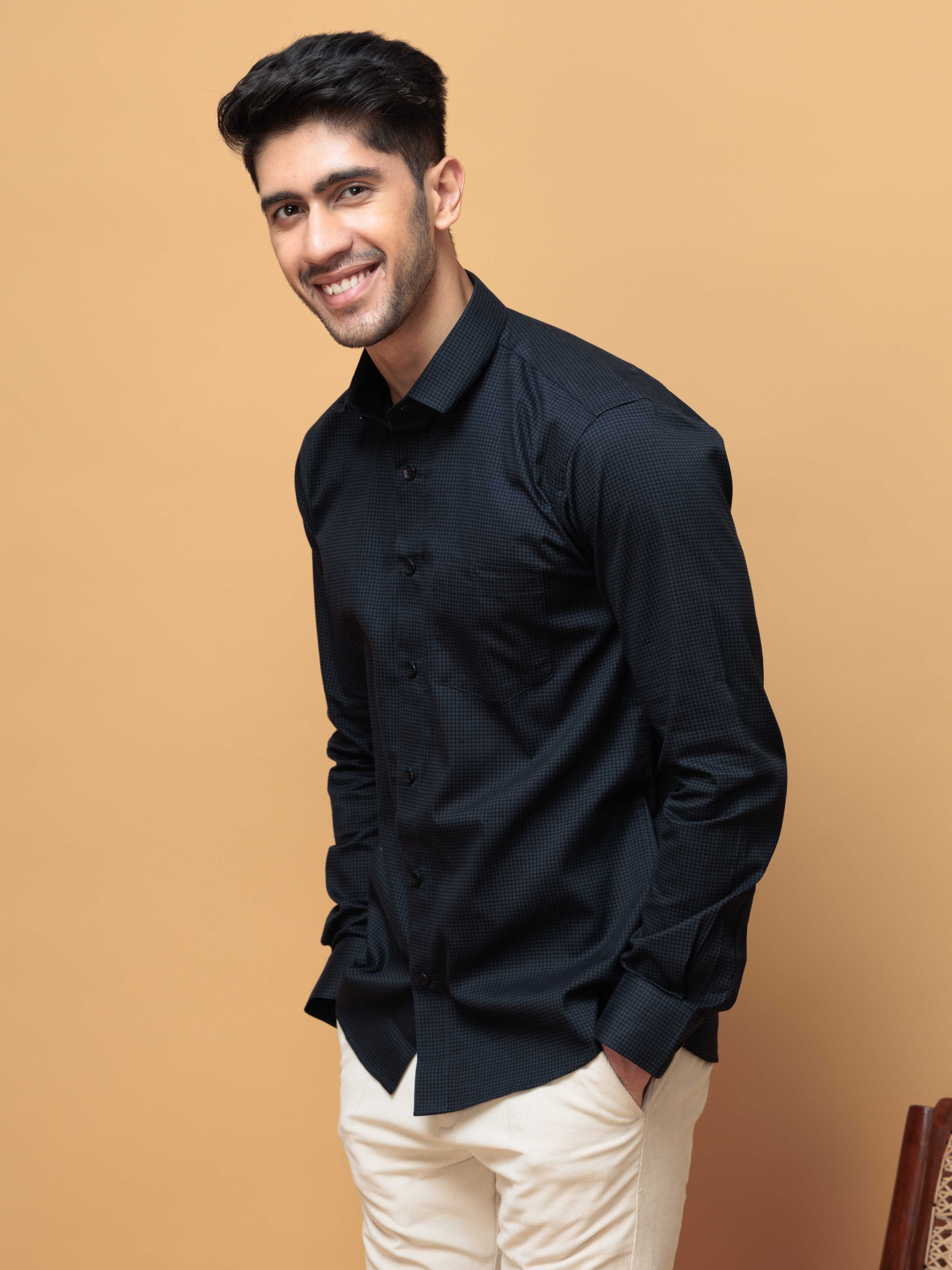 FOOMER NAVY MINI CHECKED COTTON CASUAL SHIRT FOE MEN'S