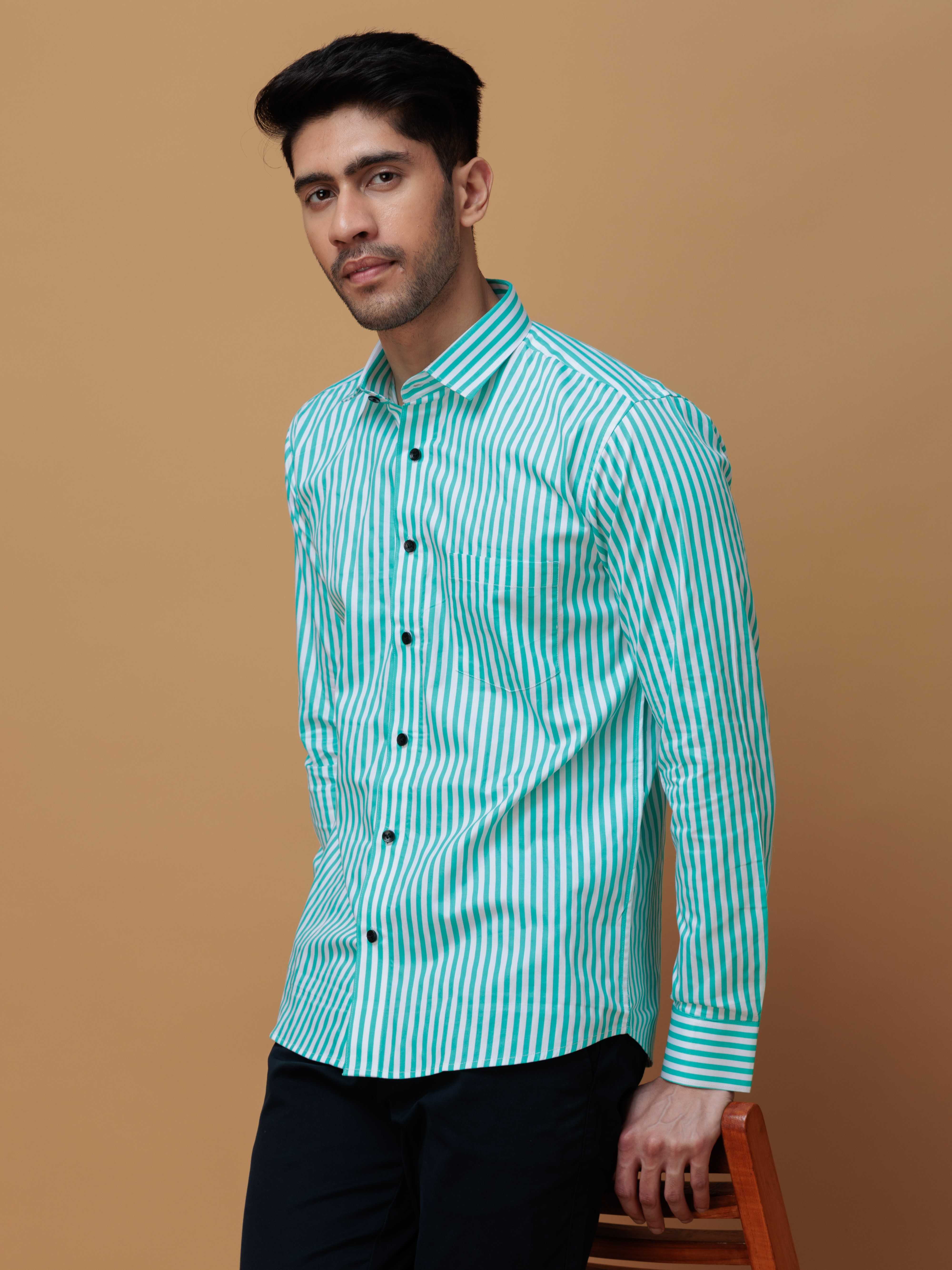 GREEN STRIPED COTTON REGULAR FIT MEN'S CASUAL SHIRT FOR MEN'S