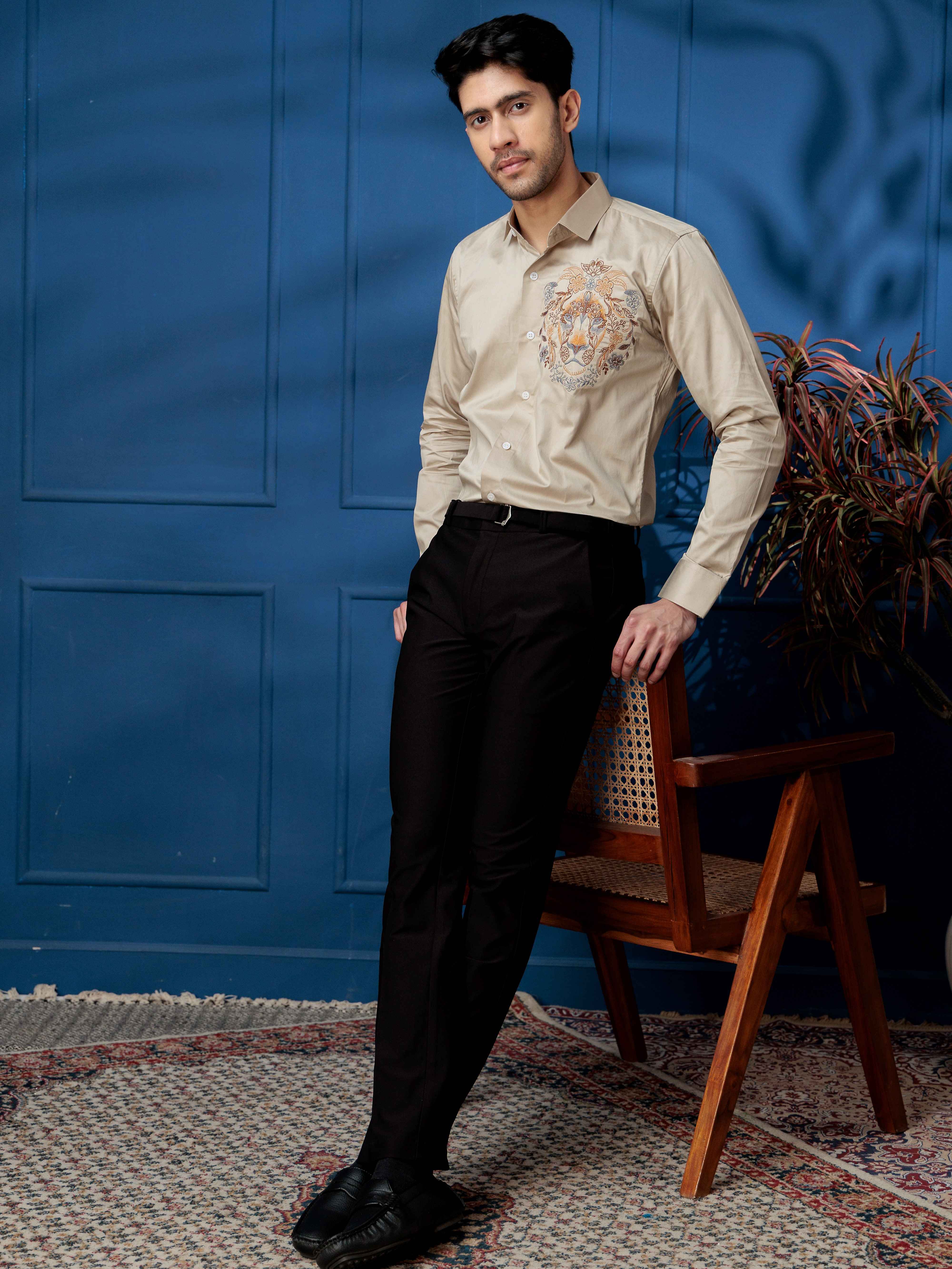 FOOMER CREAM LION EMBROIDERED CLUB WEAR SATIN COTTON SHIRT