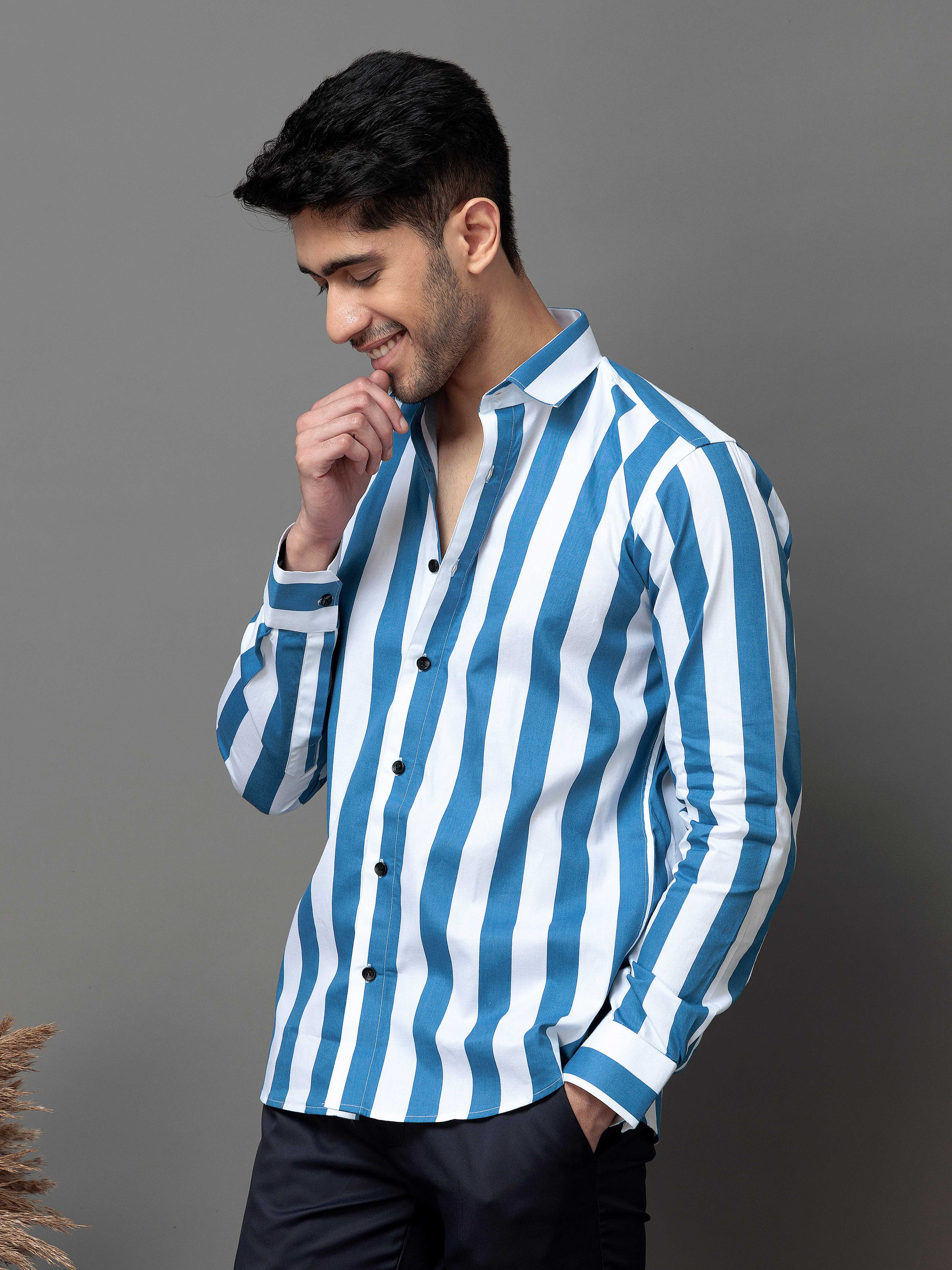 BLUE STRIPED PRINTED COTTON CASUAL SHIRT FOR MEN'S