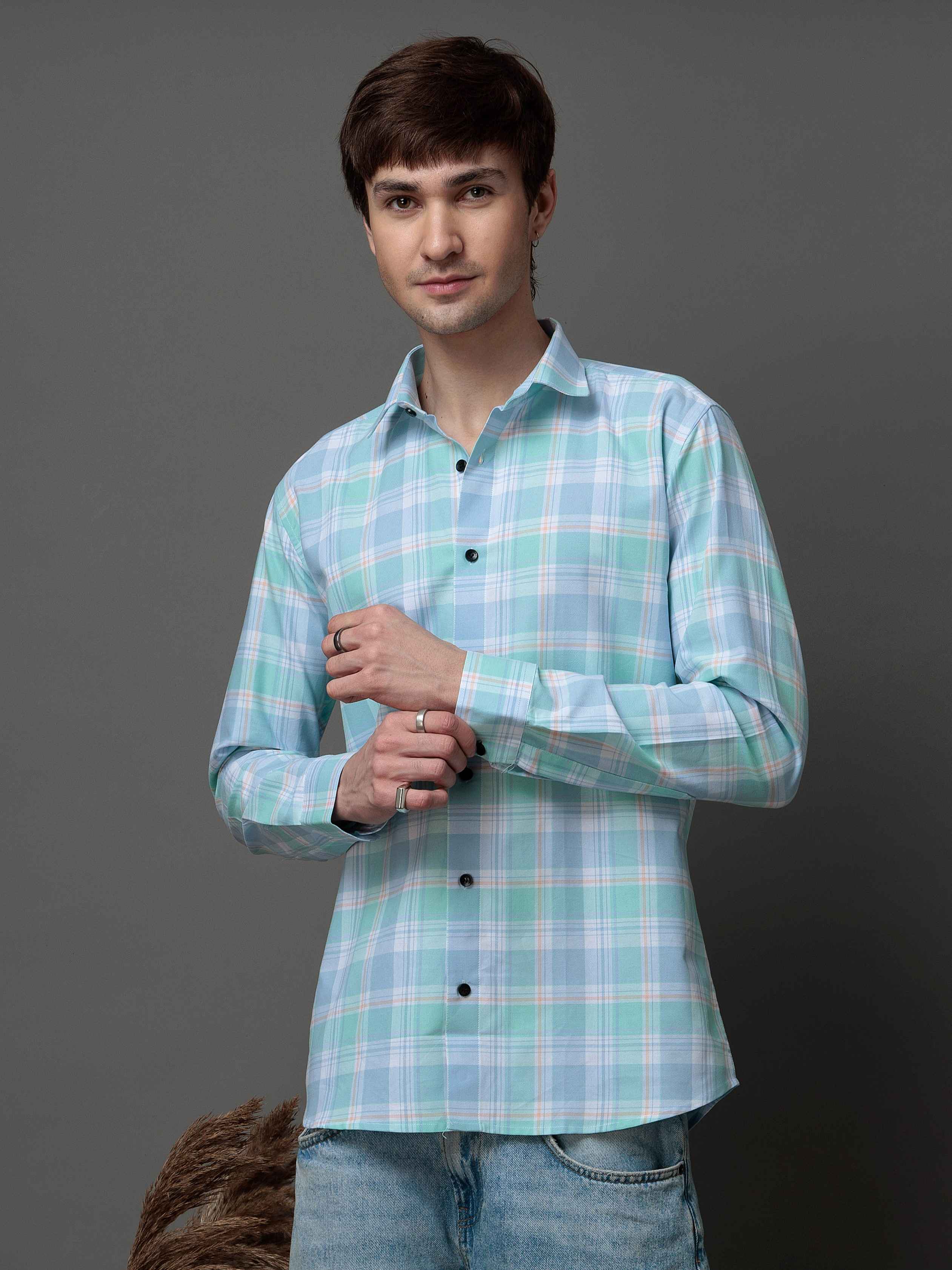 BOX CYAN CHECKED COTTON CASUAL SHIRT FOR MEN'S