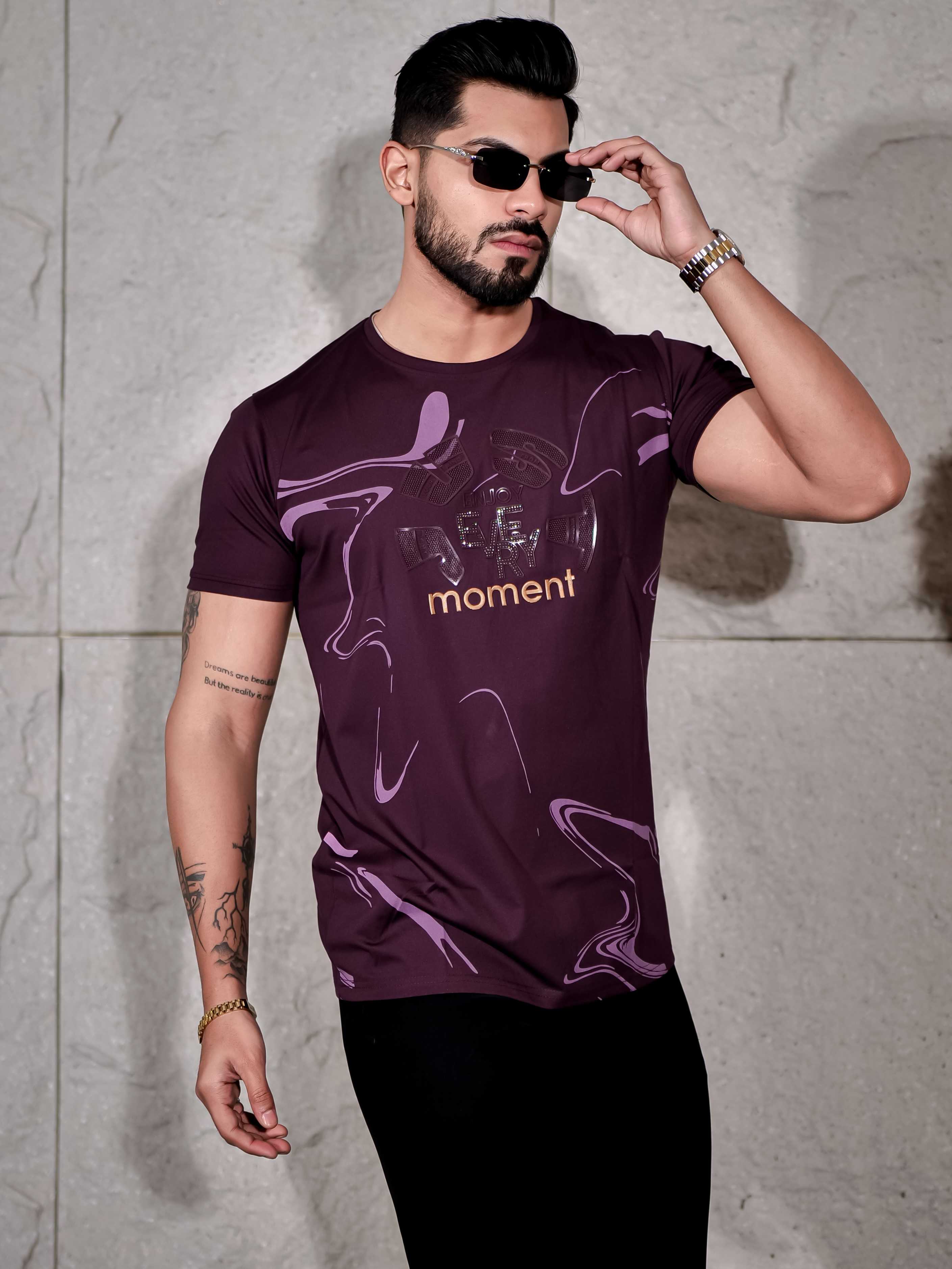 Dark Wine Round Neck Imported Cotton Half Sleeve Premium Designer T-Shirt
