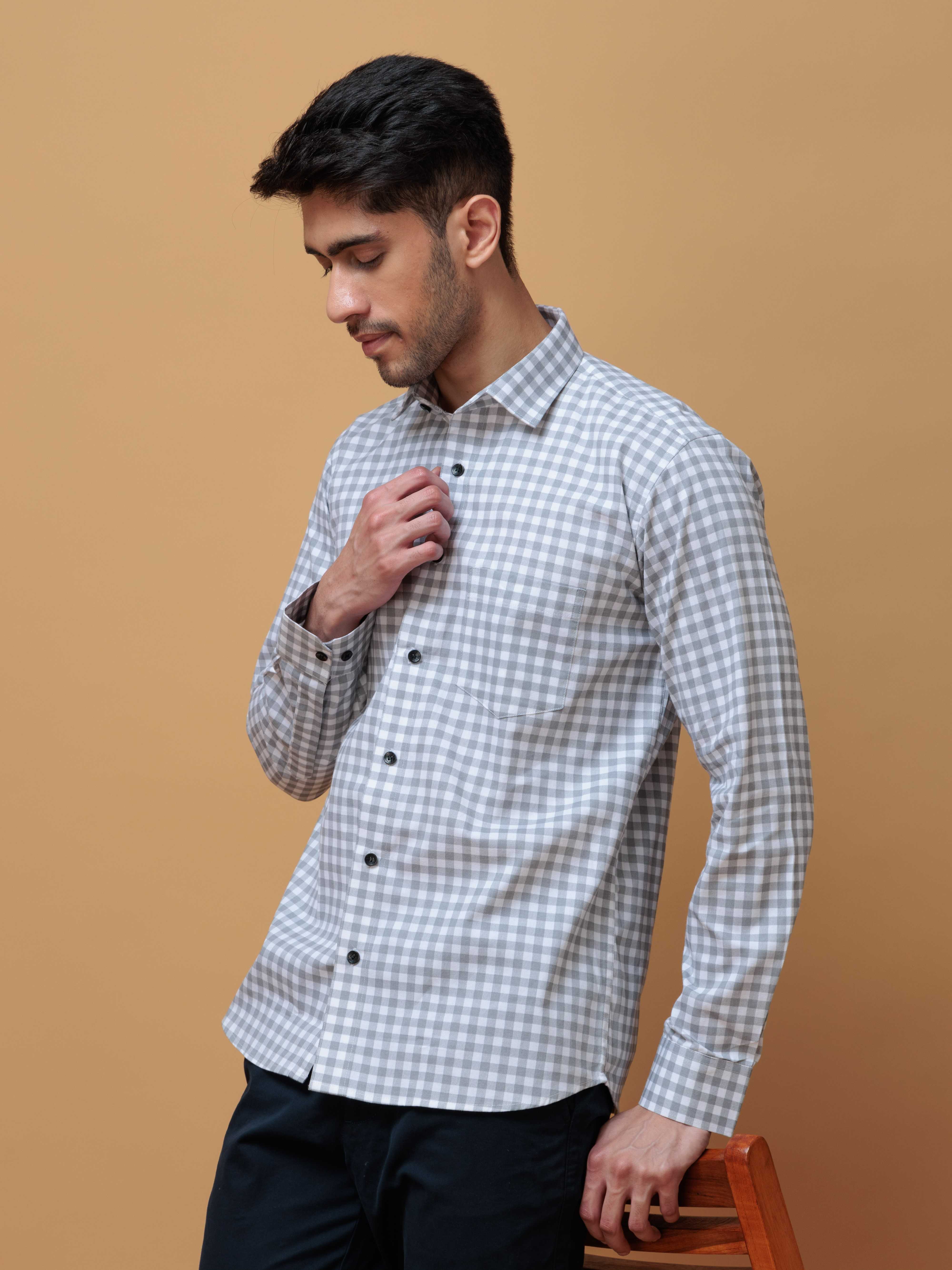 GREY CHECKERED PRINTED COTTON CASUAL SHIRT FOR MEN'S
