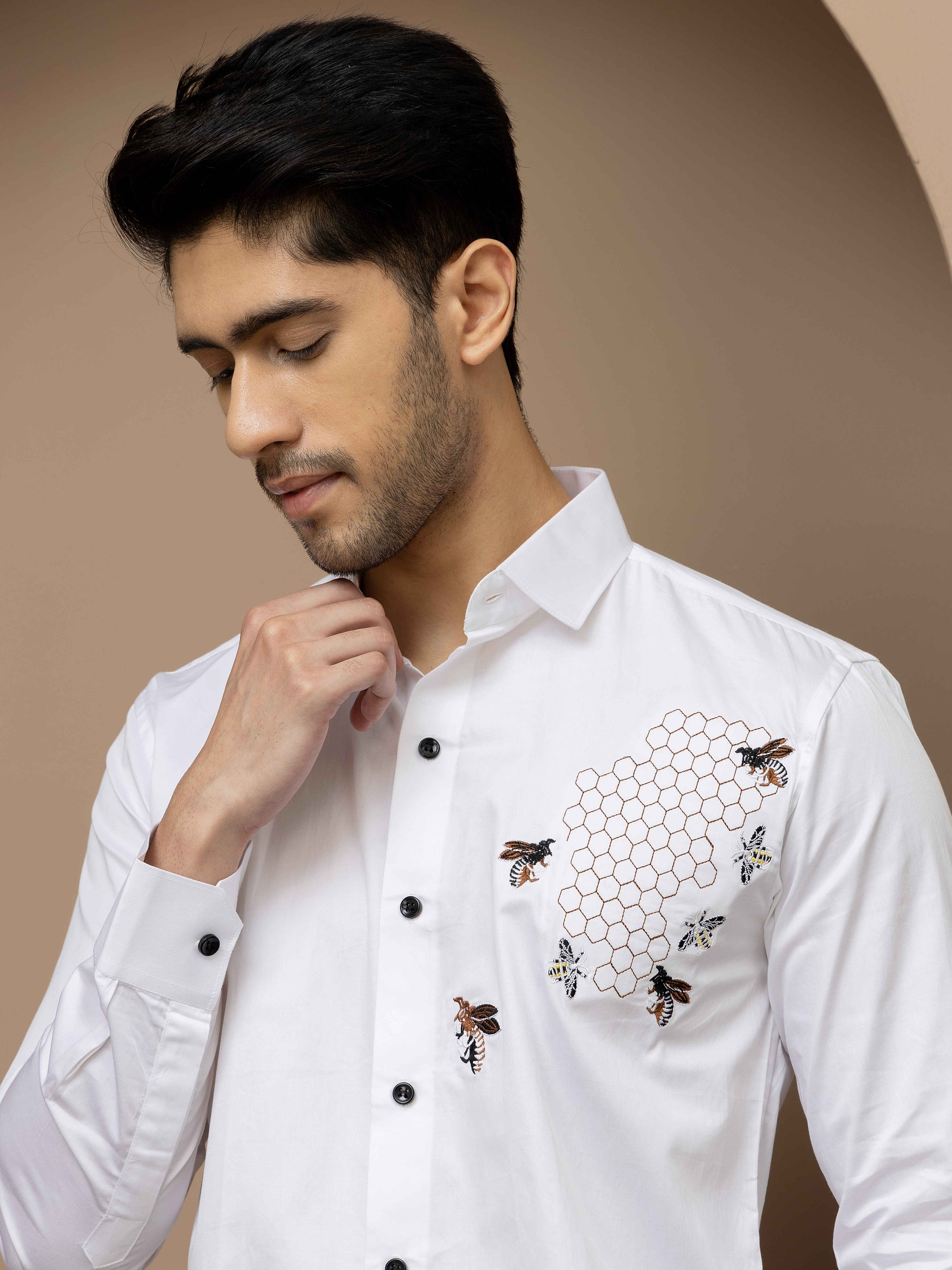 FOOMER WHITE HONEY BEES EMBROIDERED CLUB WEAR SATIN COTTON SHIRT