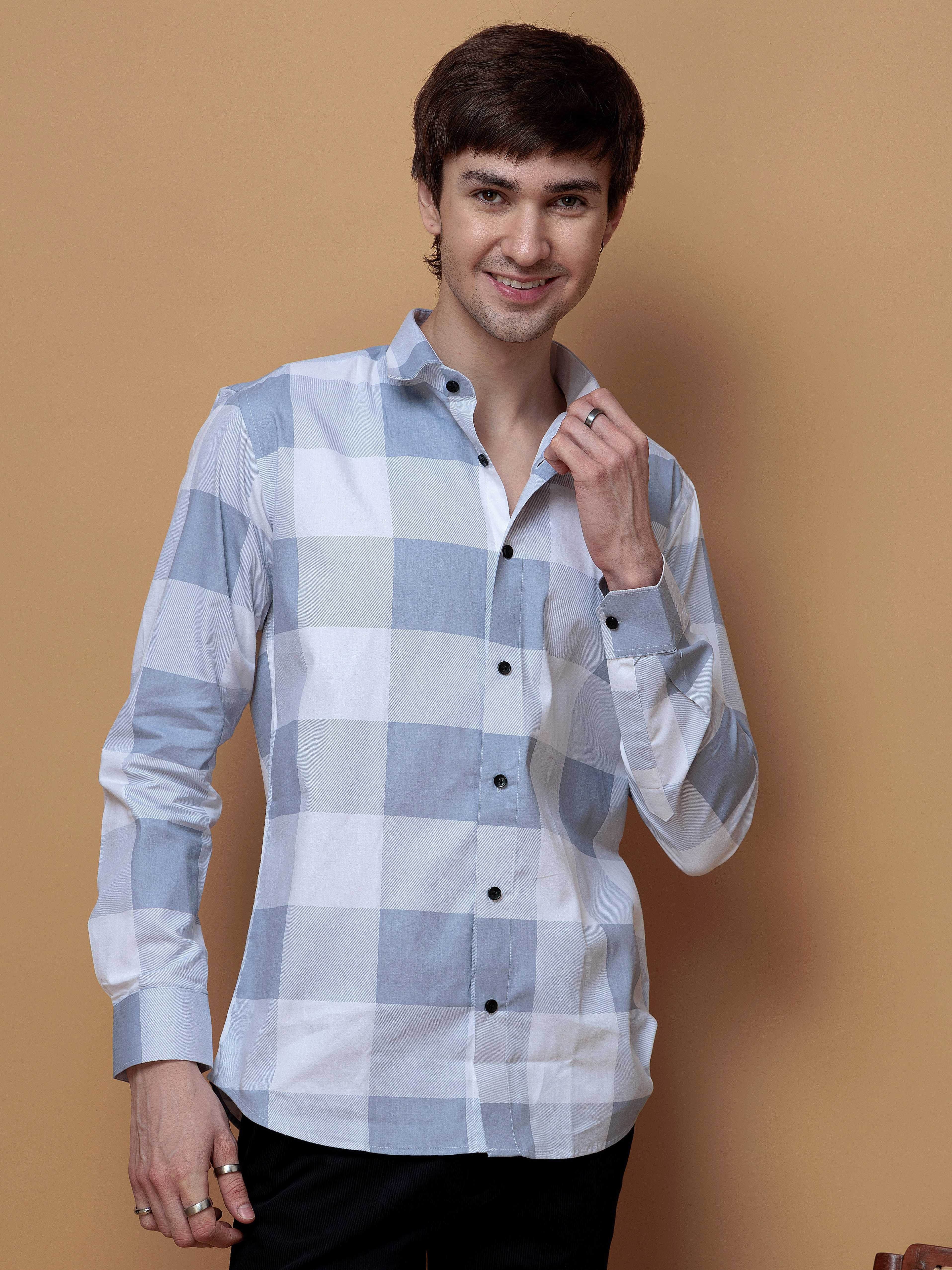 FOOMER GREY CHECKED COTTON CASUAL SHIRT FOR MEN'S