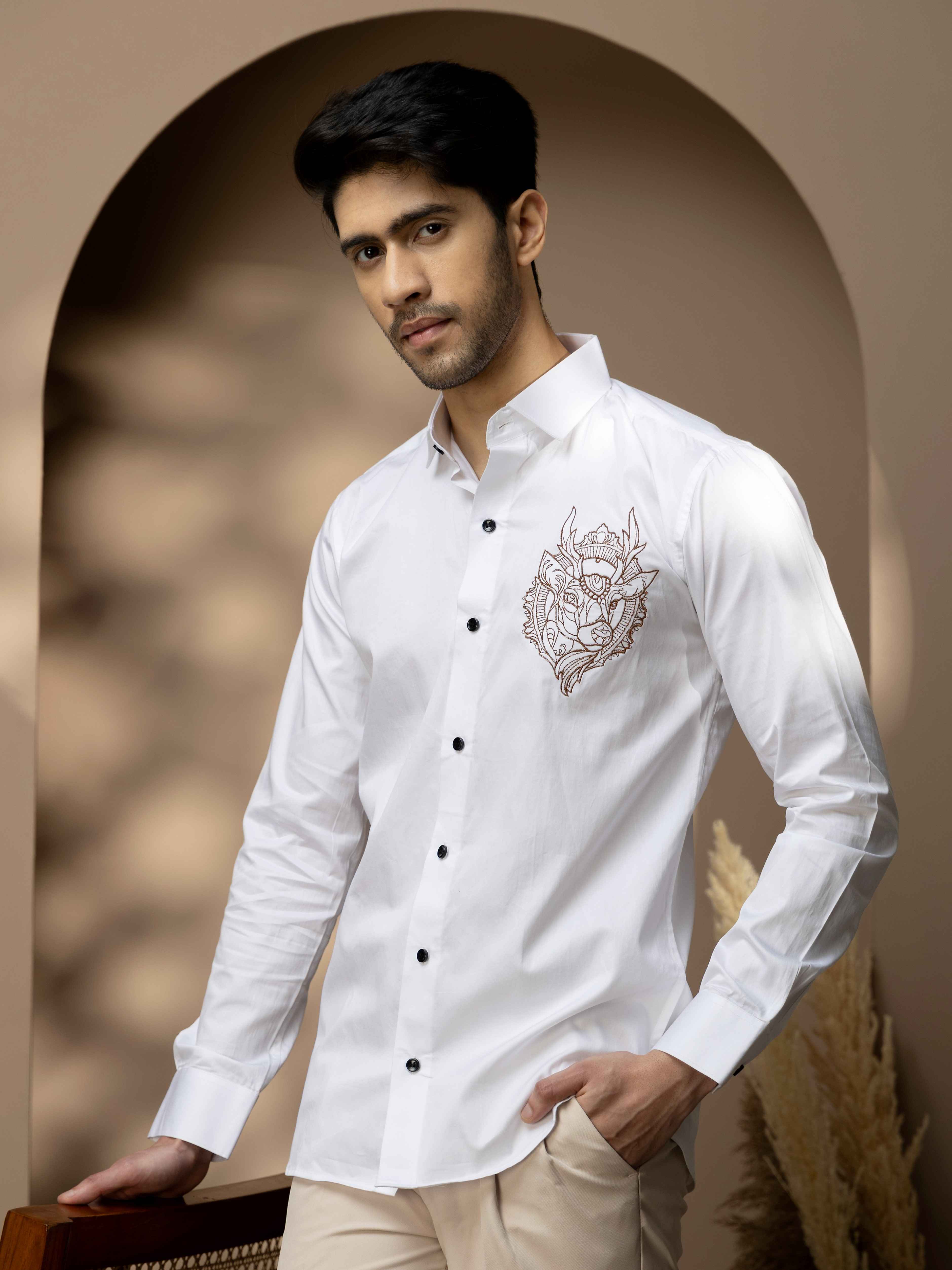 Foomer Moose White Embroidered Club Wear Satin Cotton Shirt