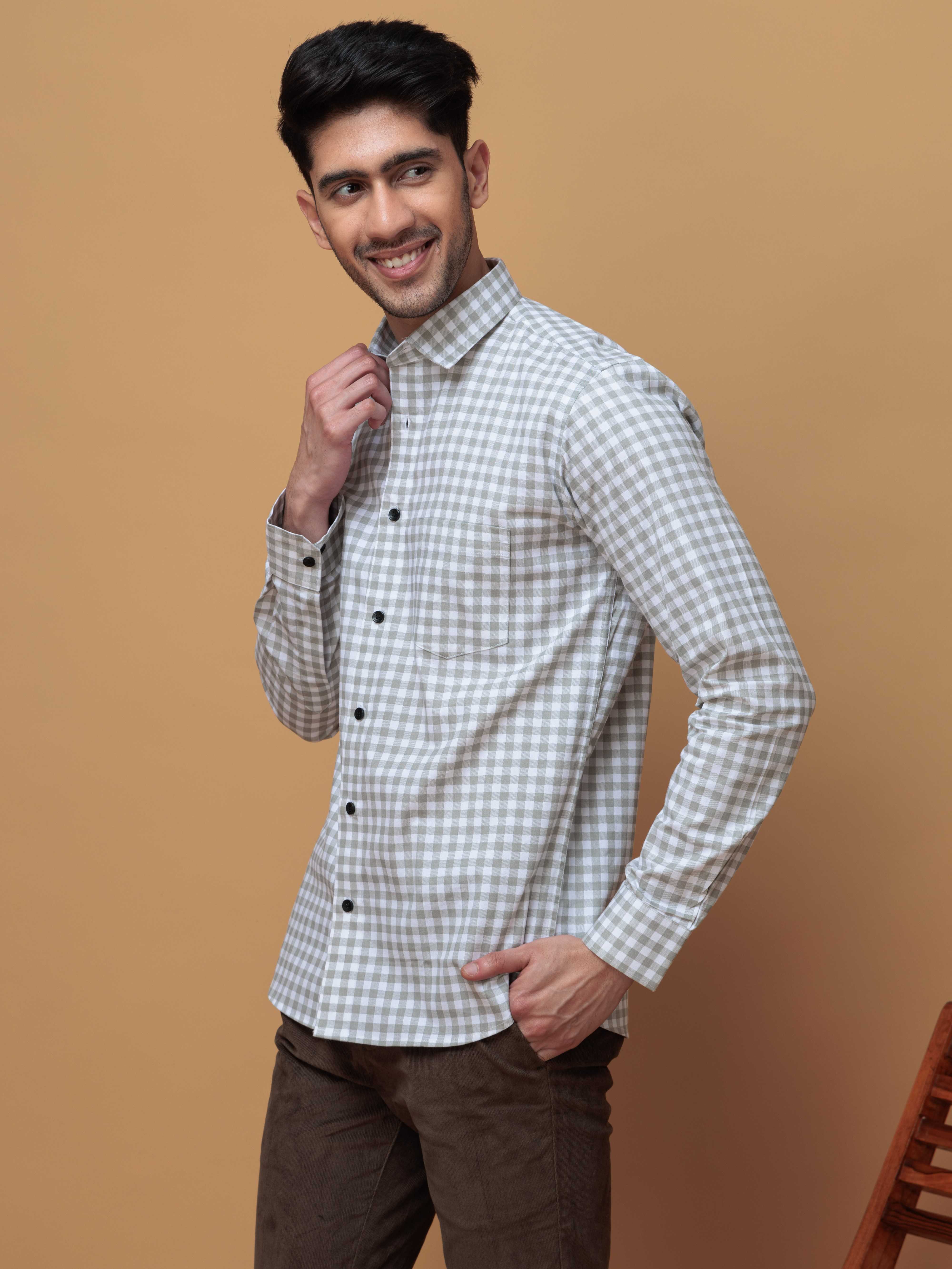 GREEN CHECKERED PRINTED COTTON CASUAL SHIRT FOR MEN'S