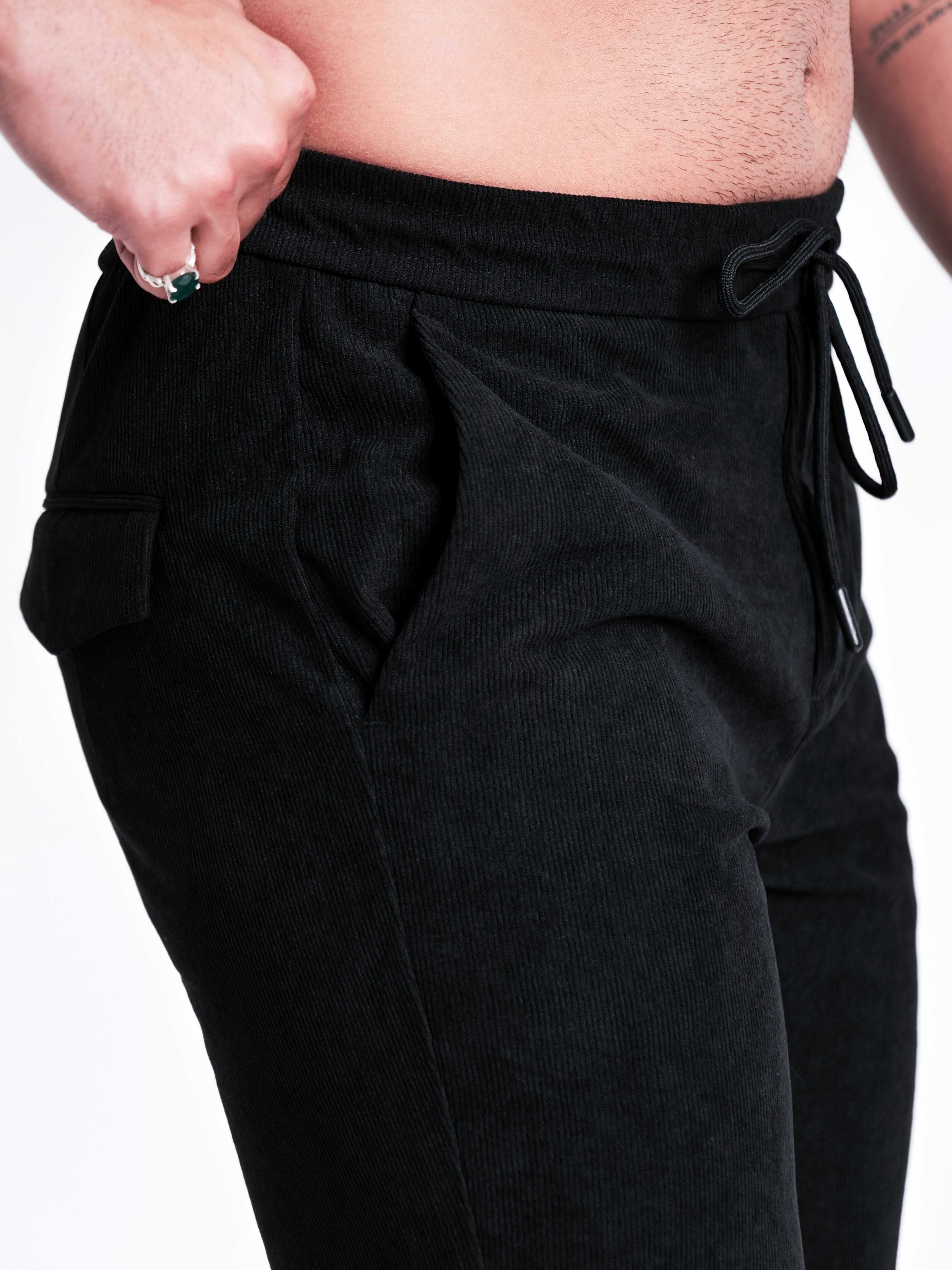 Foomer Black Corduroy Relaxed Fit Trousers For Men's