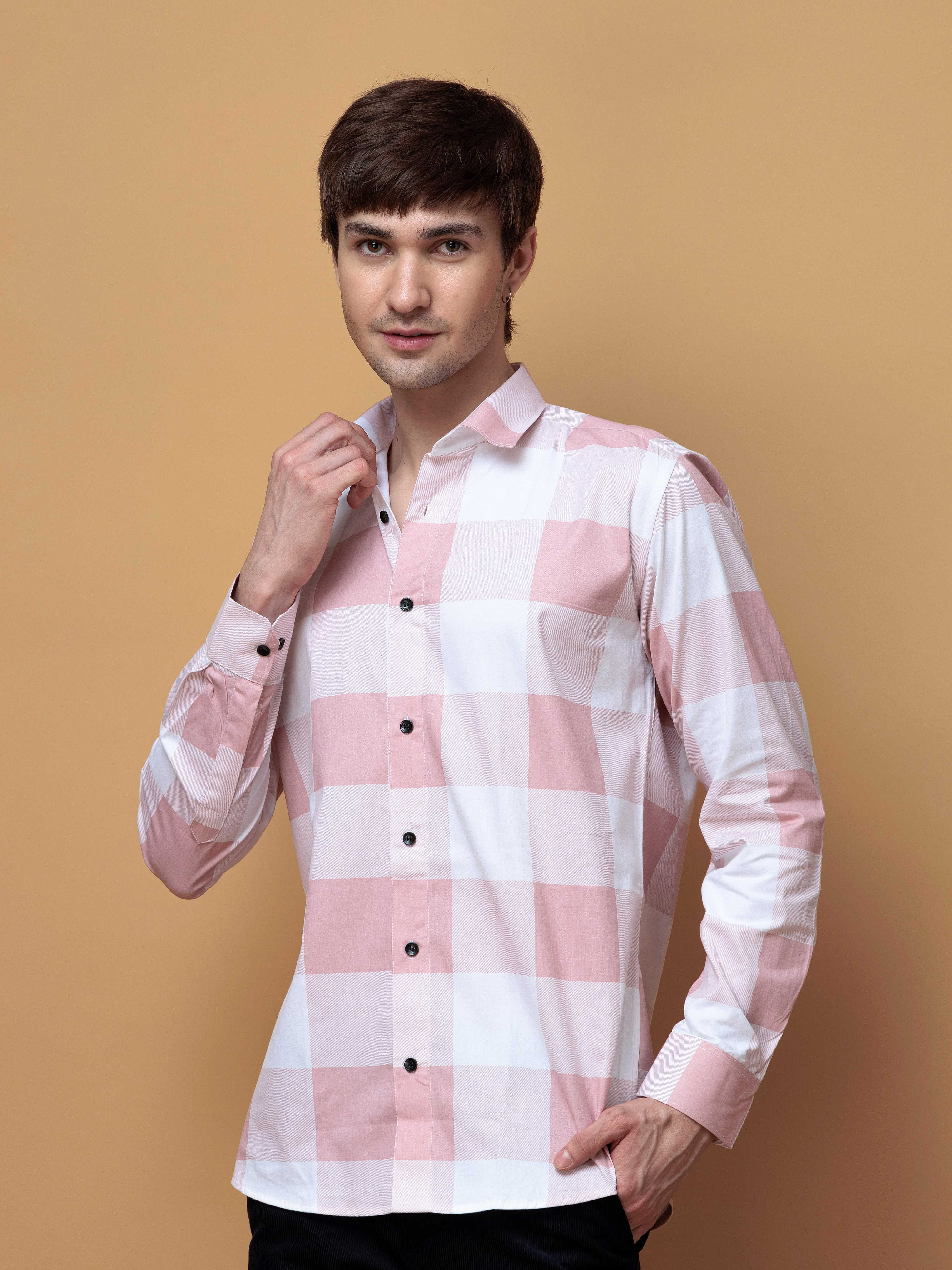 FOOMER SQUARE PEACH CHECKED COTTON CASUAL SHIRT FOR MEN'S