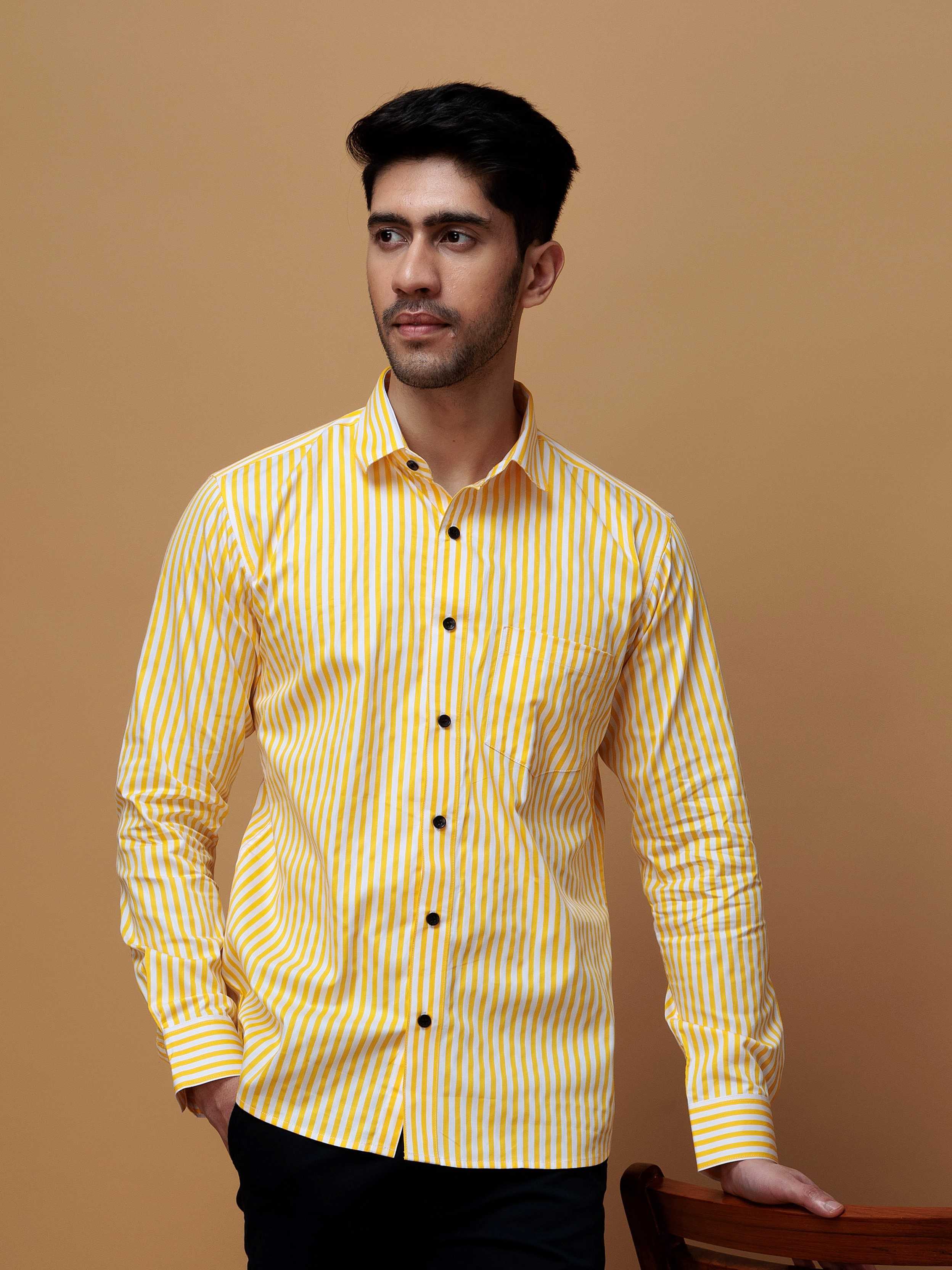 YELLOW STRIPED COTTON REGULAR FIT MEN'S CASUAL SHIRT FOR MEN'S