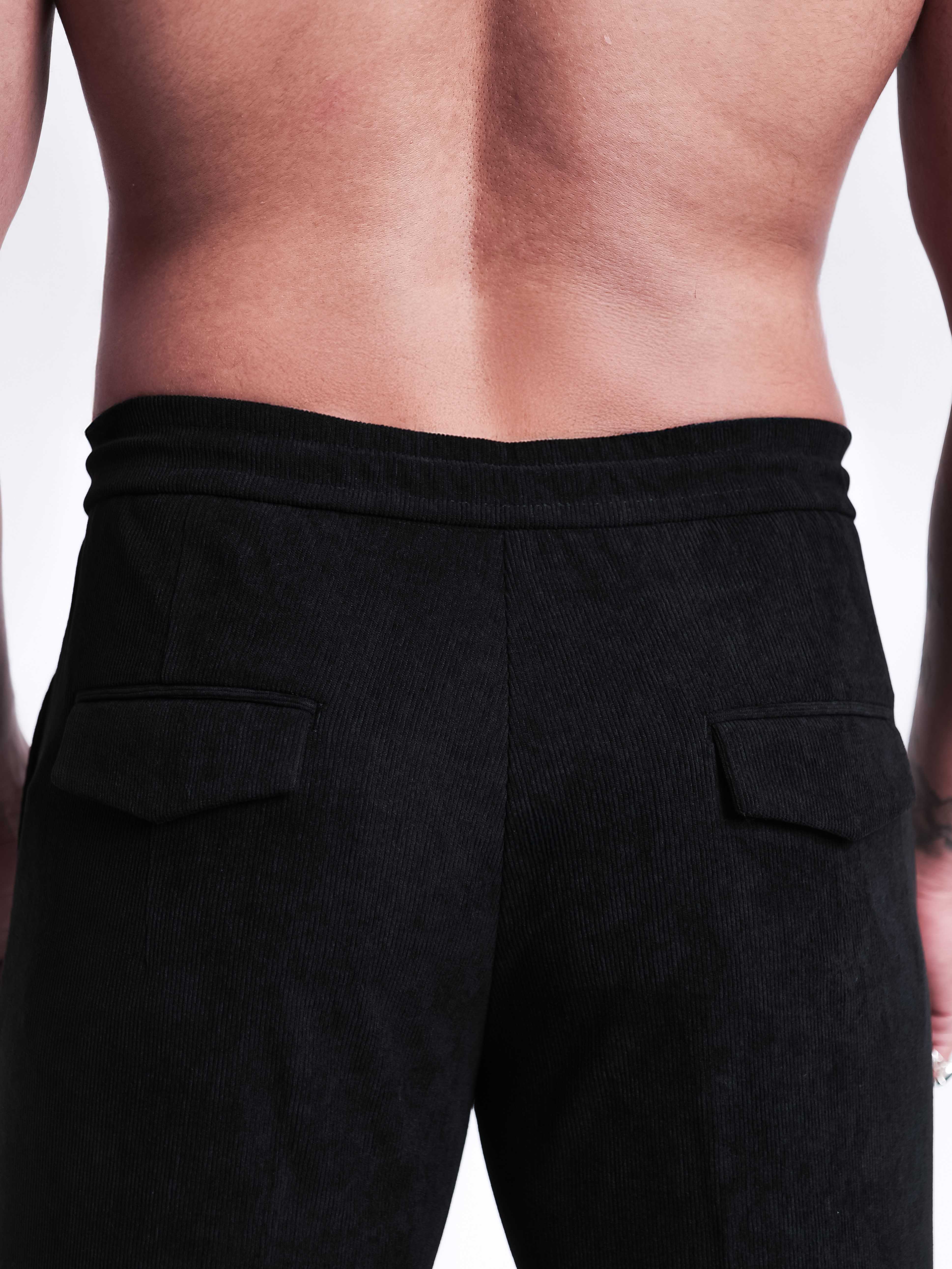 Foomer Black Corduroy Relaxed Fit Trousers For Men's