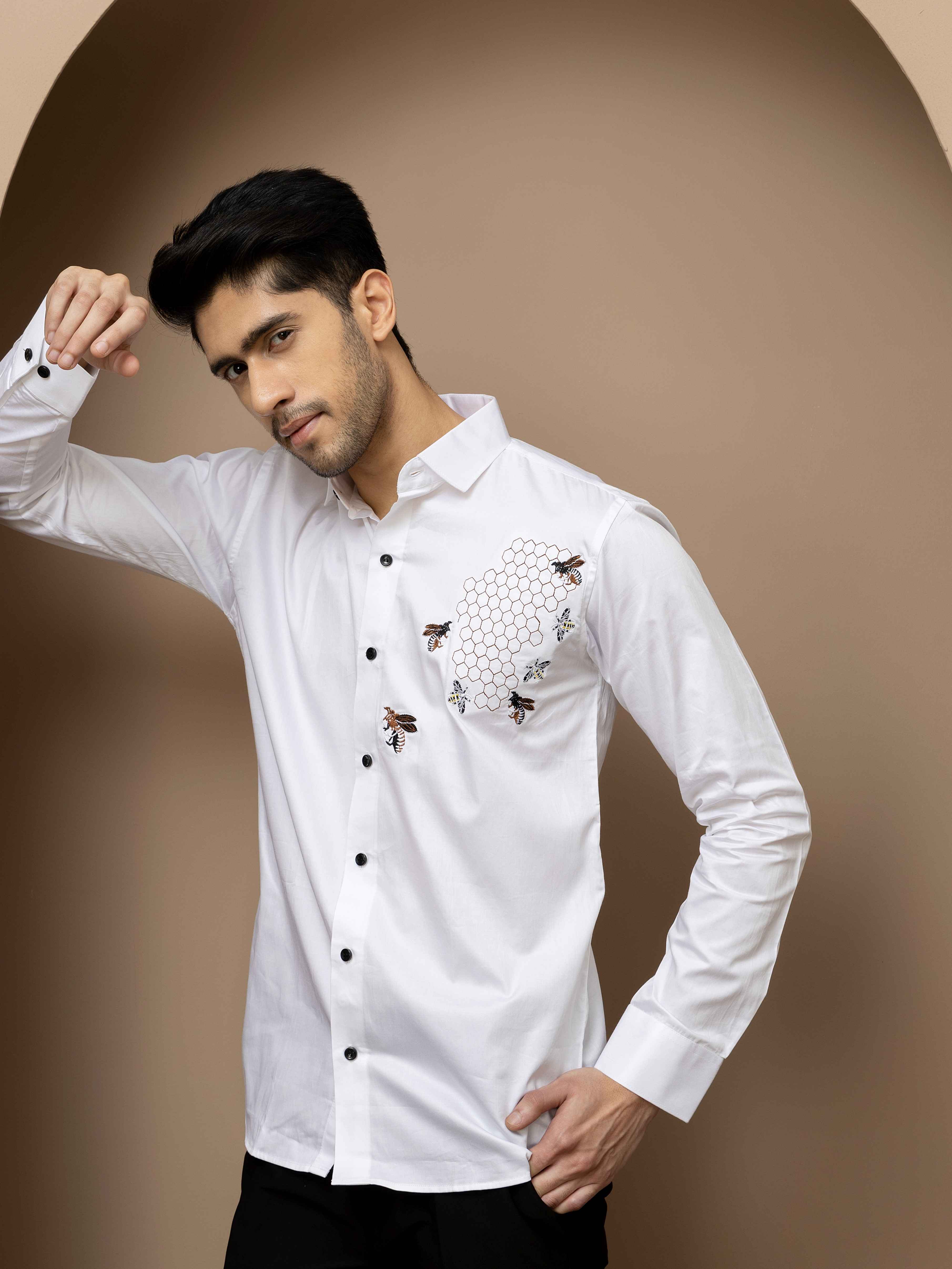 FOOMER WHITE HONEY BEES EMBROIDERED CLUB WEAR SATIN COTTON SHIRT