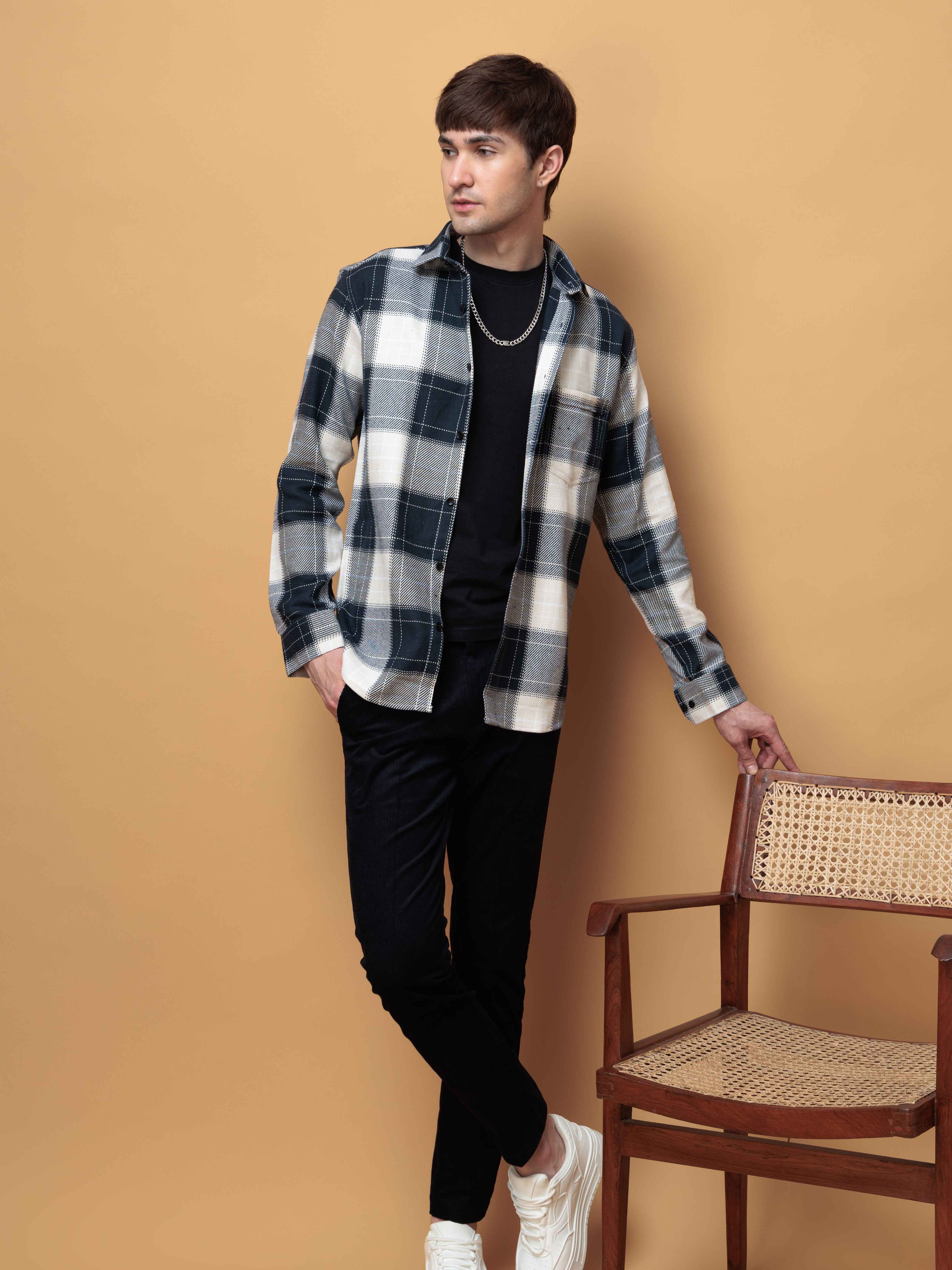 FOOMER TARTAN NAVY CHECKED COTTON CASUAL SHIRT FOR MEN'S