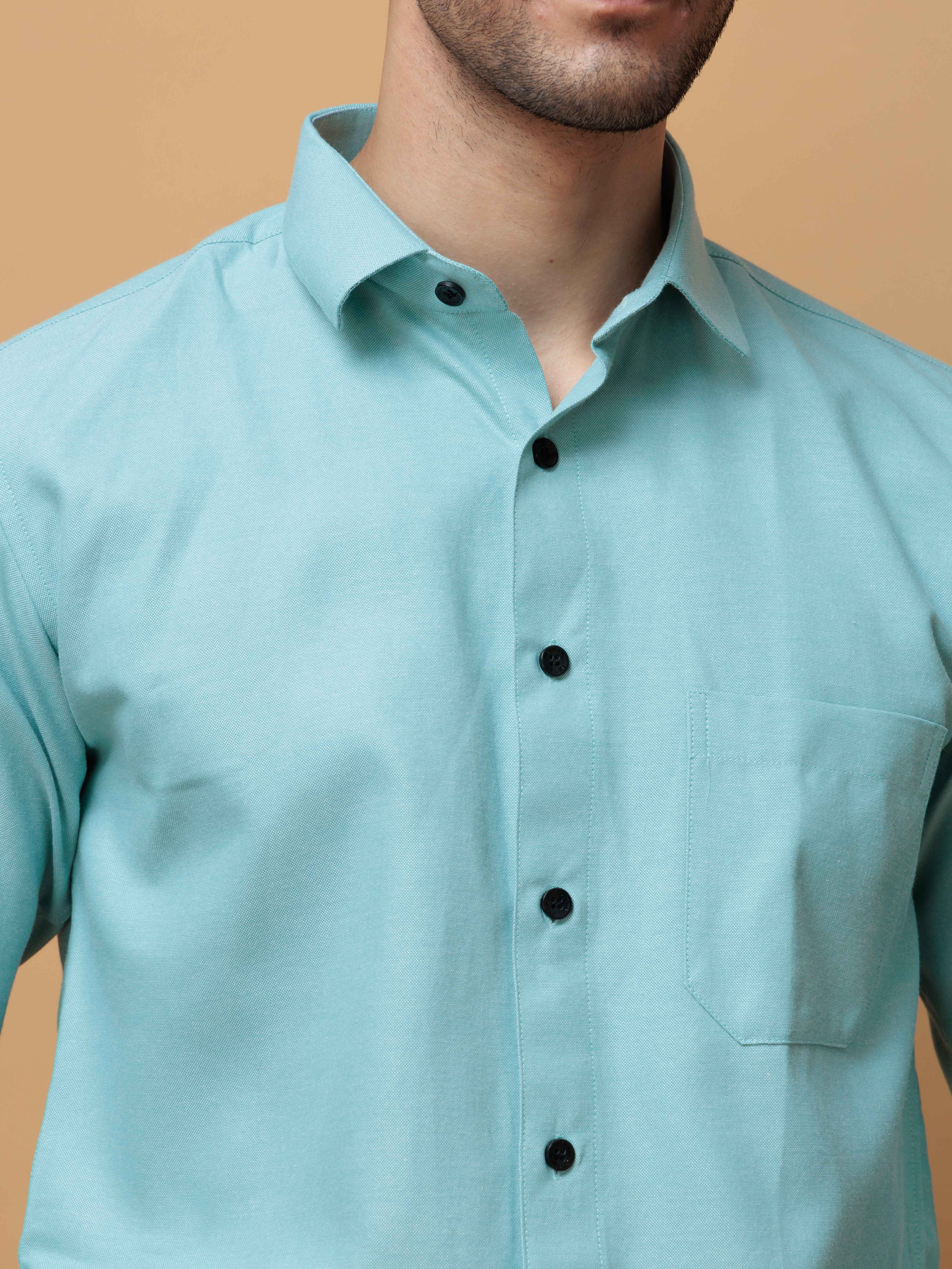 FORMAL CYAN PLAIN OXFORD COTTON CASUAL SHIRT FOR MEN'S
