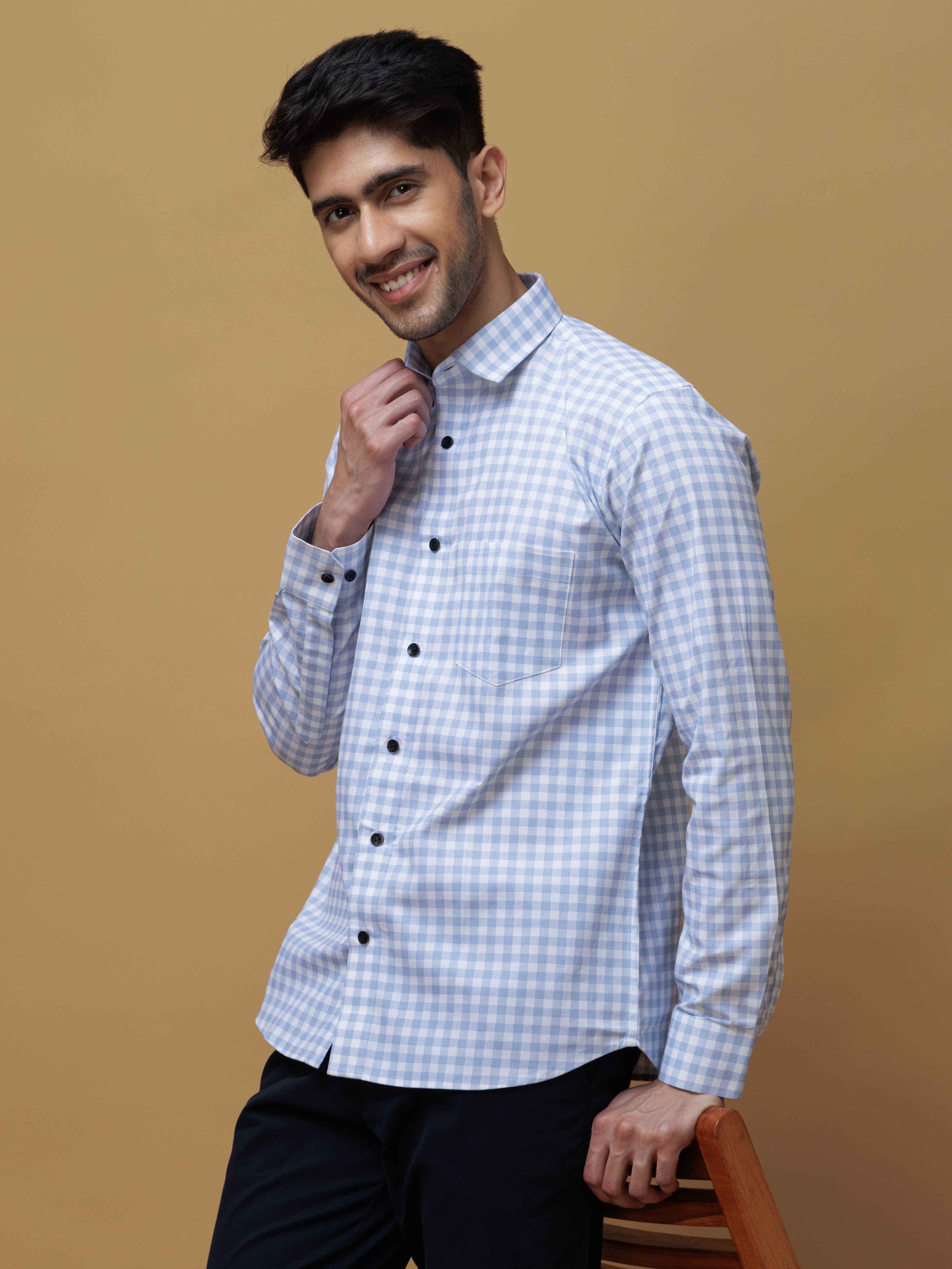 SKY CHECKERED PRINTED COTTON CASUAL SHIRT FOR MEN'S