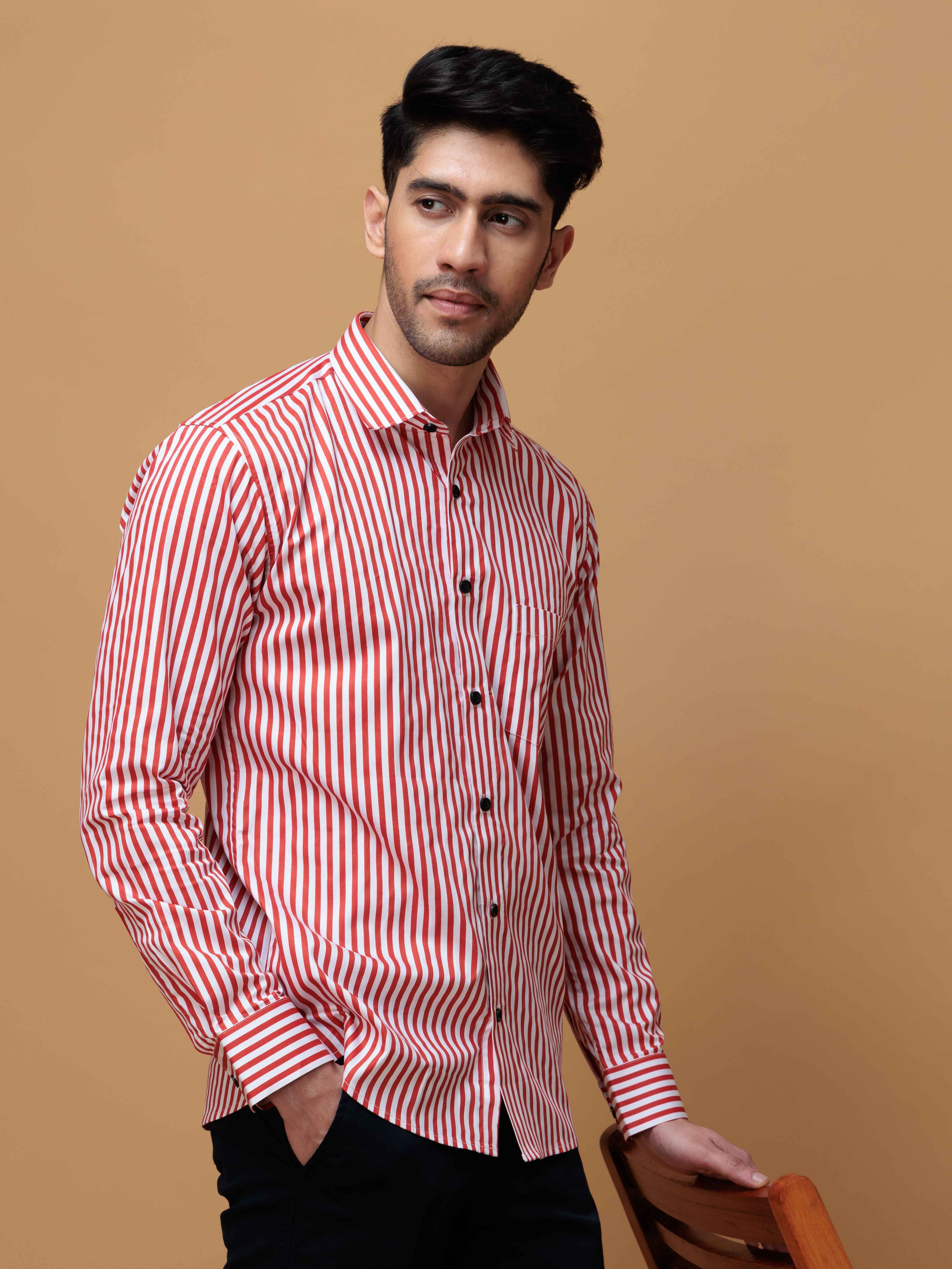 RED STRIPED COTTON REGULAR FIT MEN'S CASUAL SHIRT FOR MEN'S