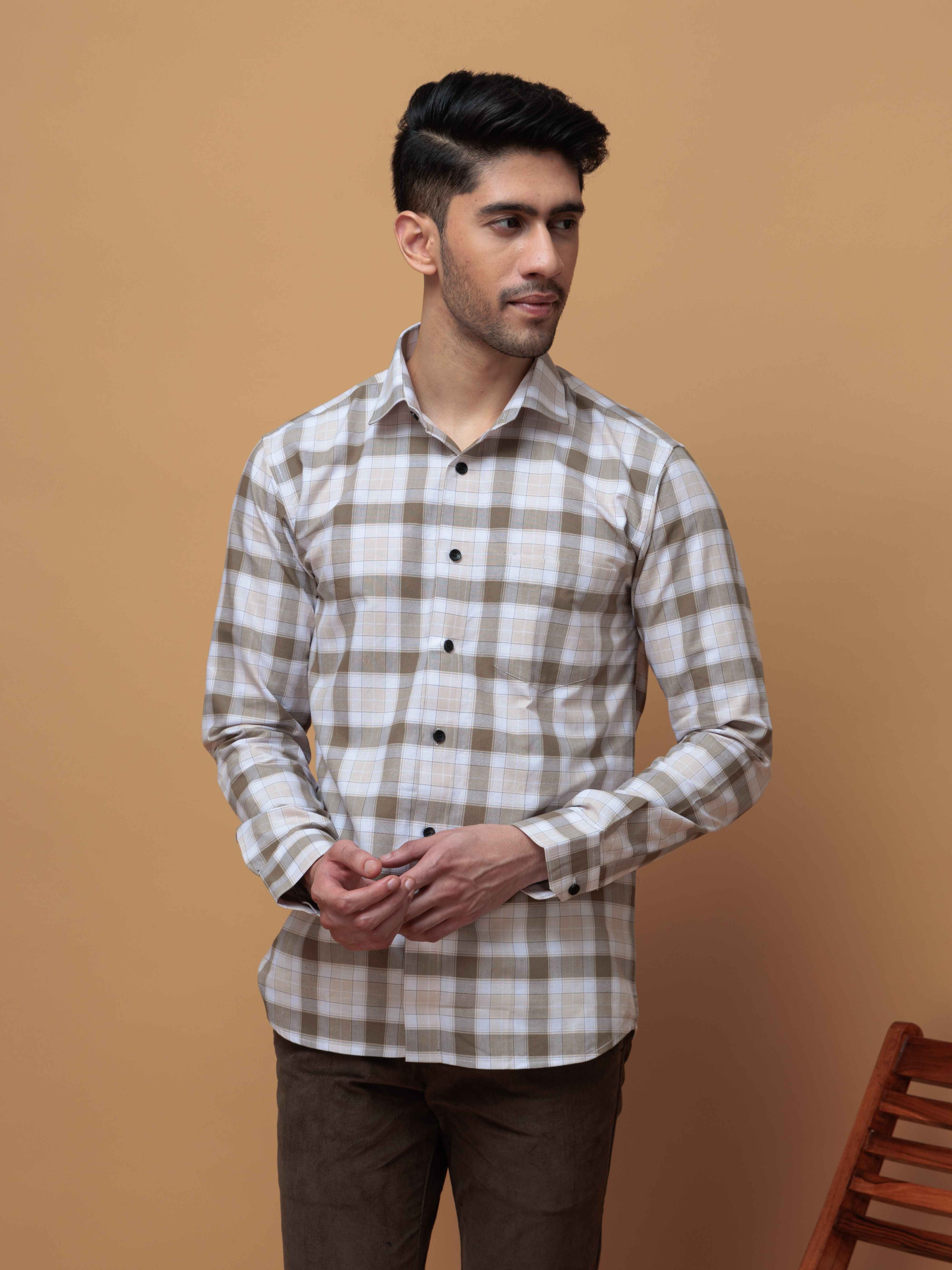 SQUARE WOOD CHECKED COTTON CASUAL SHIRT FOR MEN'S