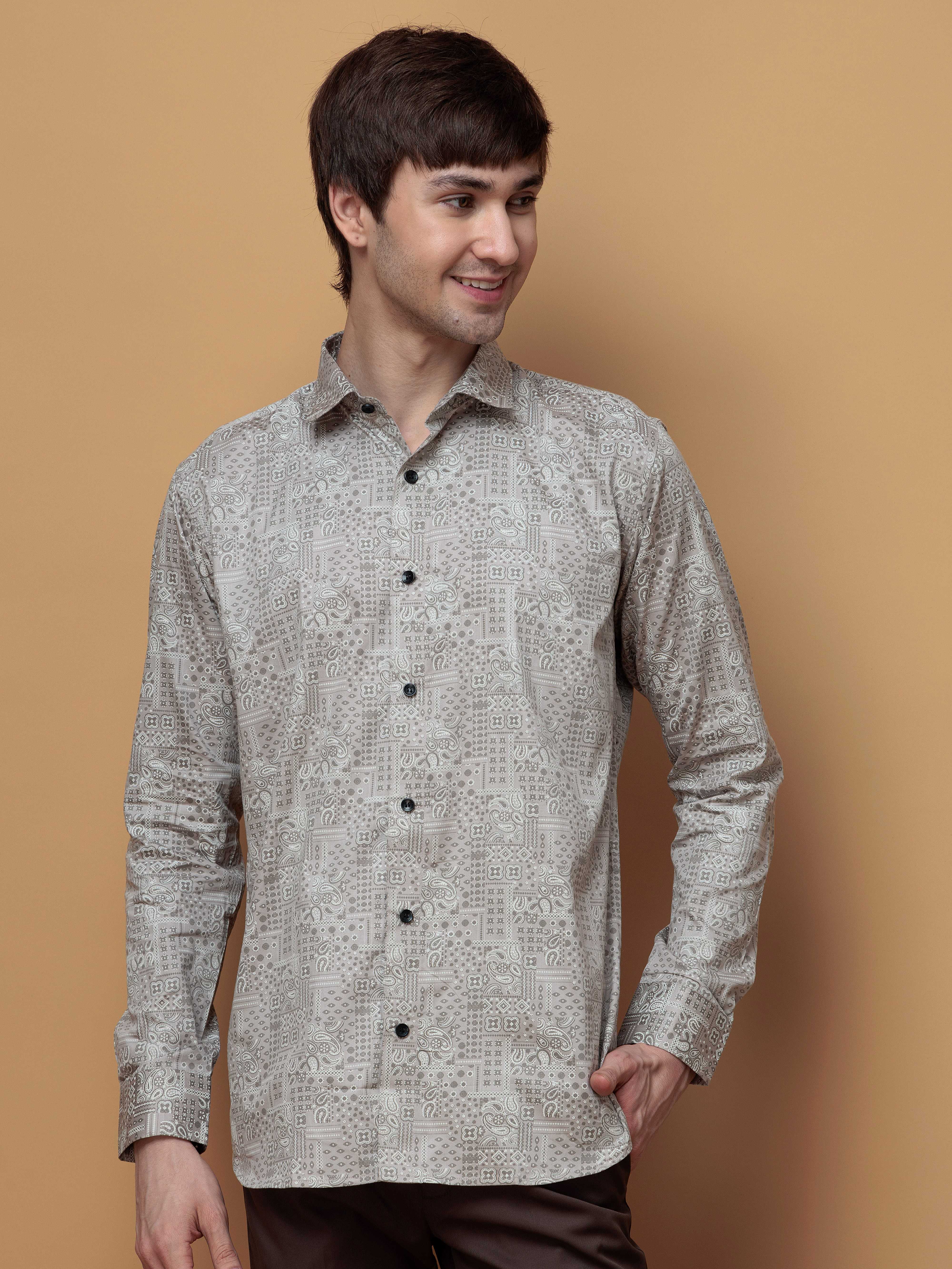 GREY SATIN PREMIUM PRINTED CASUAL SHIRT FOR MEN'S