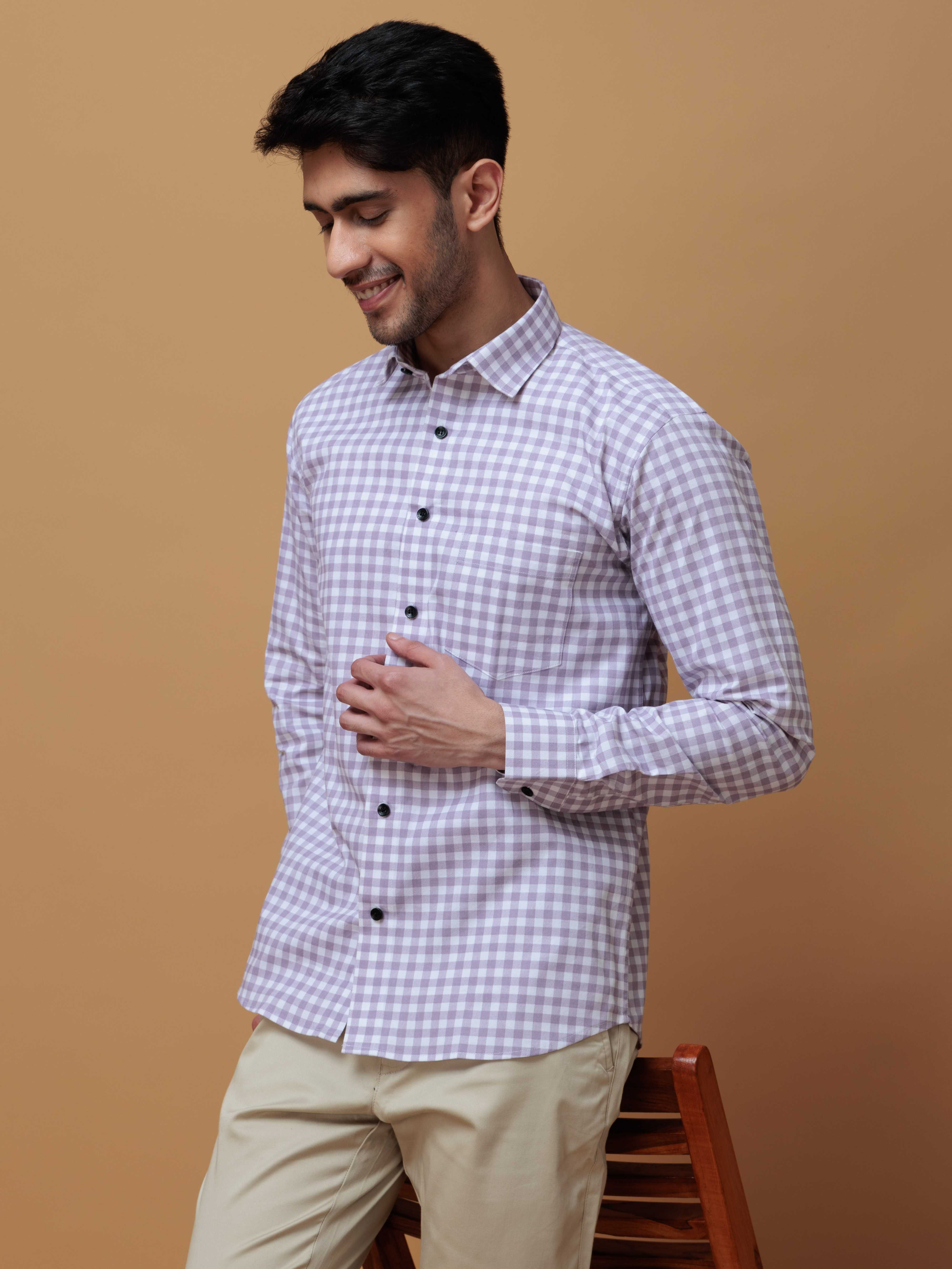 PURPLE CHECKERED PRINTED COTTON CASUAL SHIRT FOR MEN'S