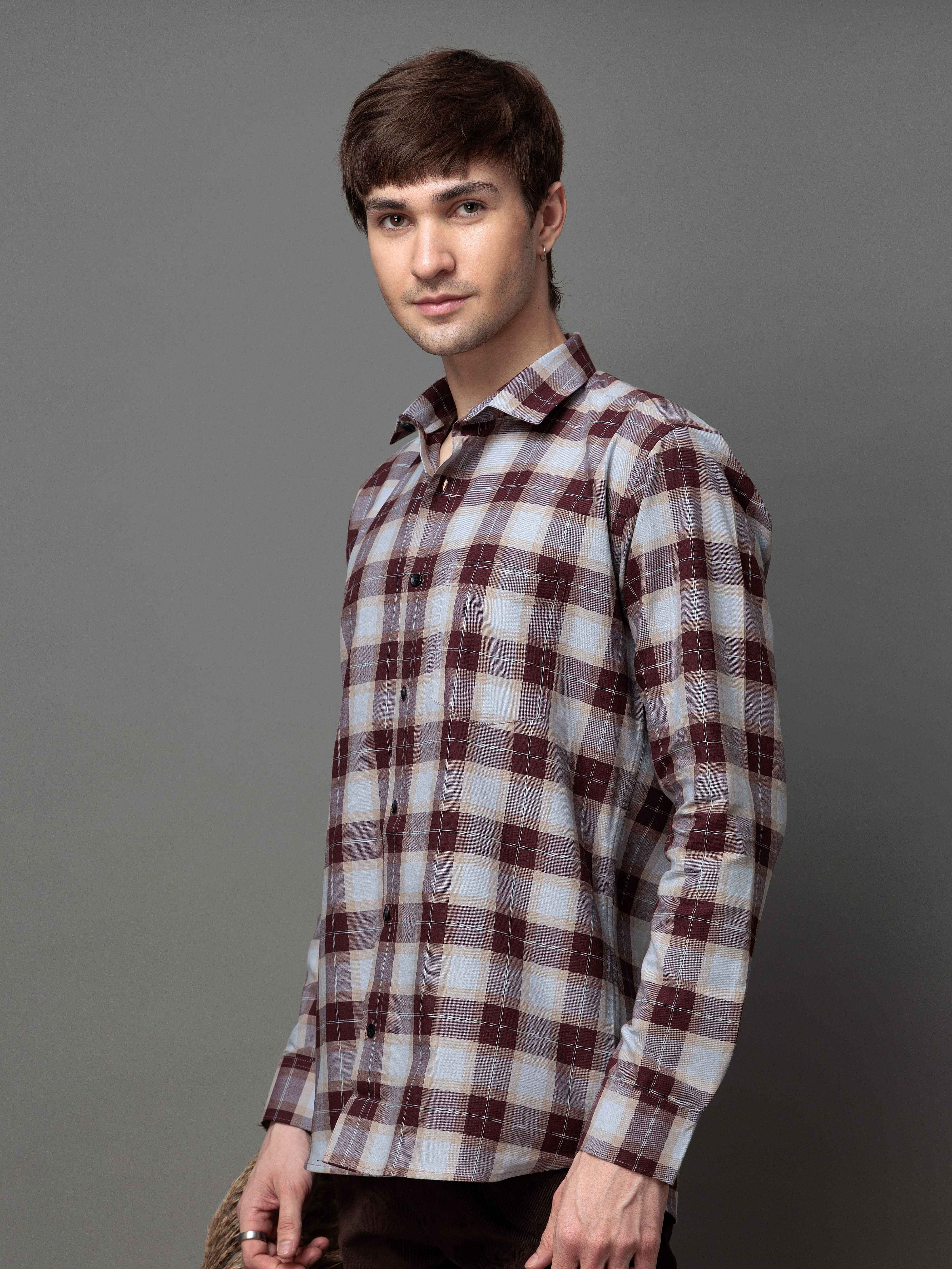 SQUARE WINE CHECKED COTTON CASUAL SHIRT FOR MEN'S