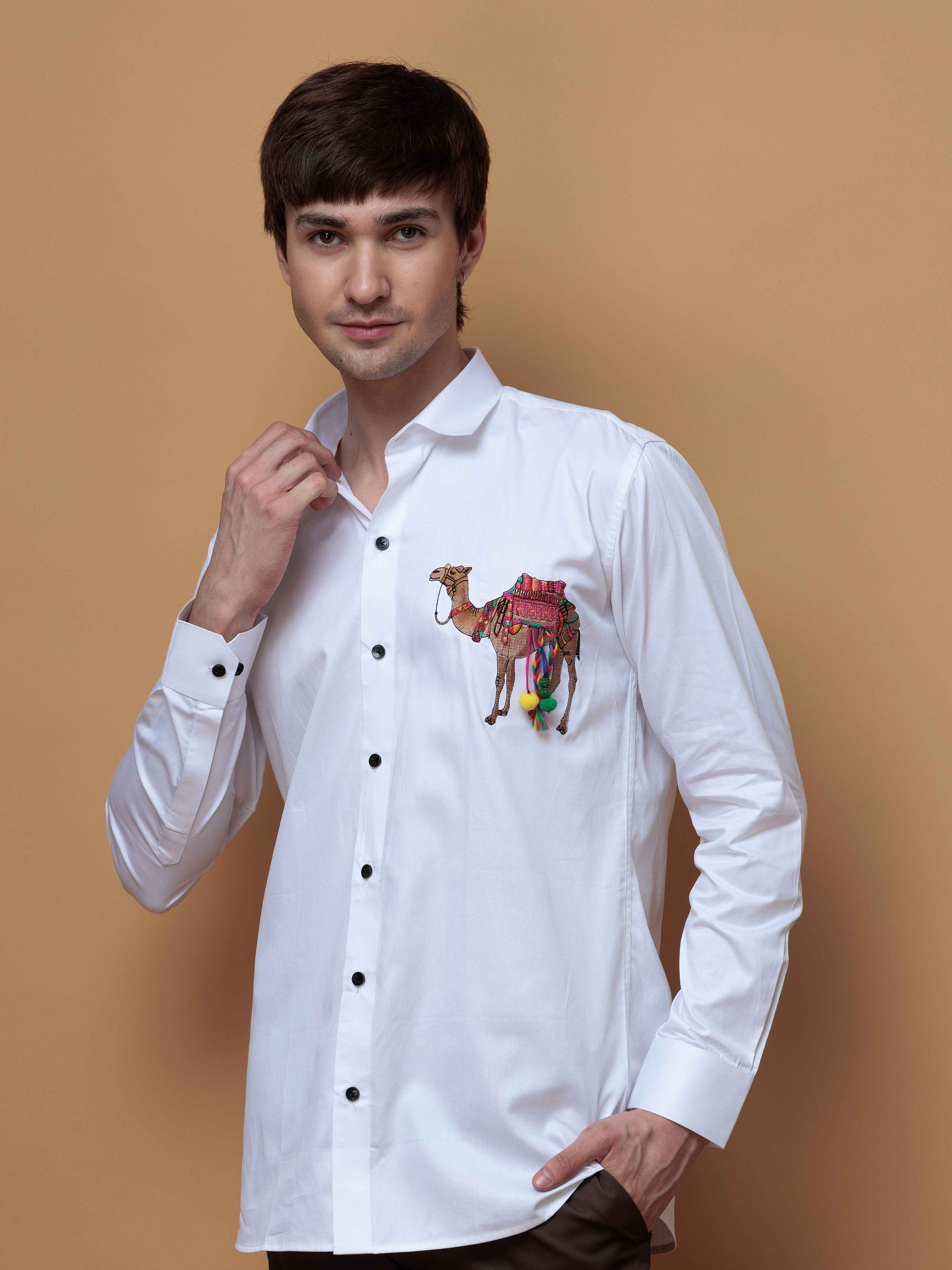 WHITE CAMEL EMBROIDERED DESIGNER SATIN COTTON SHIRT FOR MEN'S