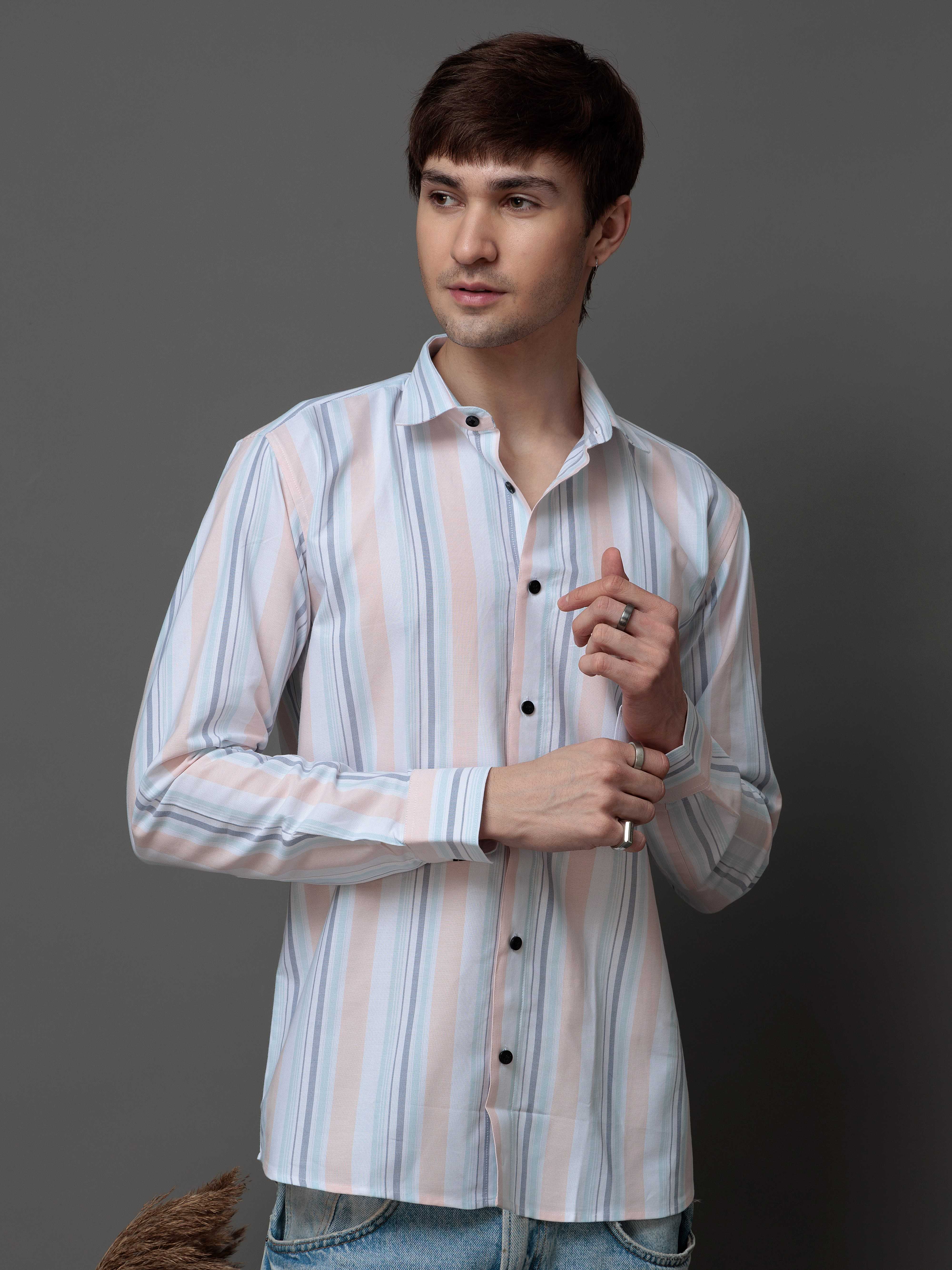 PEACH MULTI STRIPES COTTON REGULAR FIT MEN'S CASUAL SHIRT FOR MEN'S