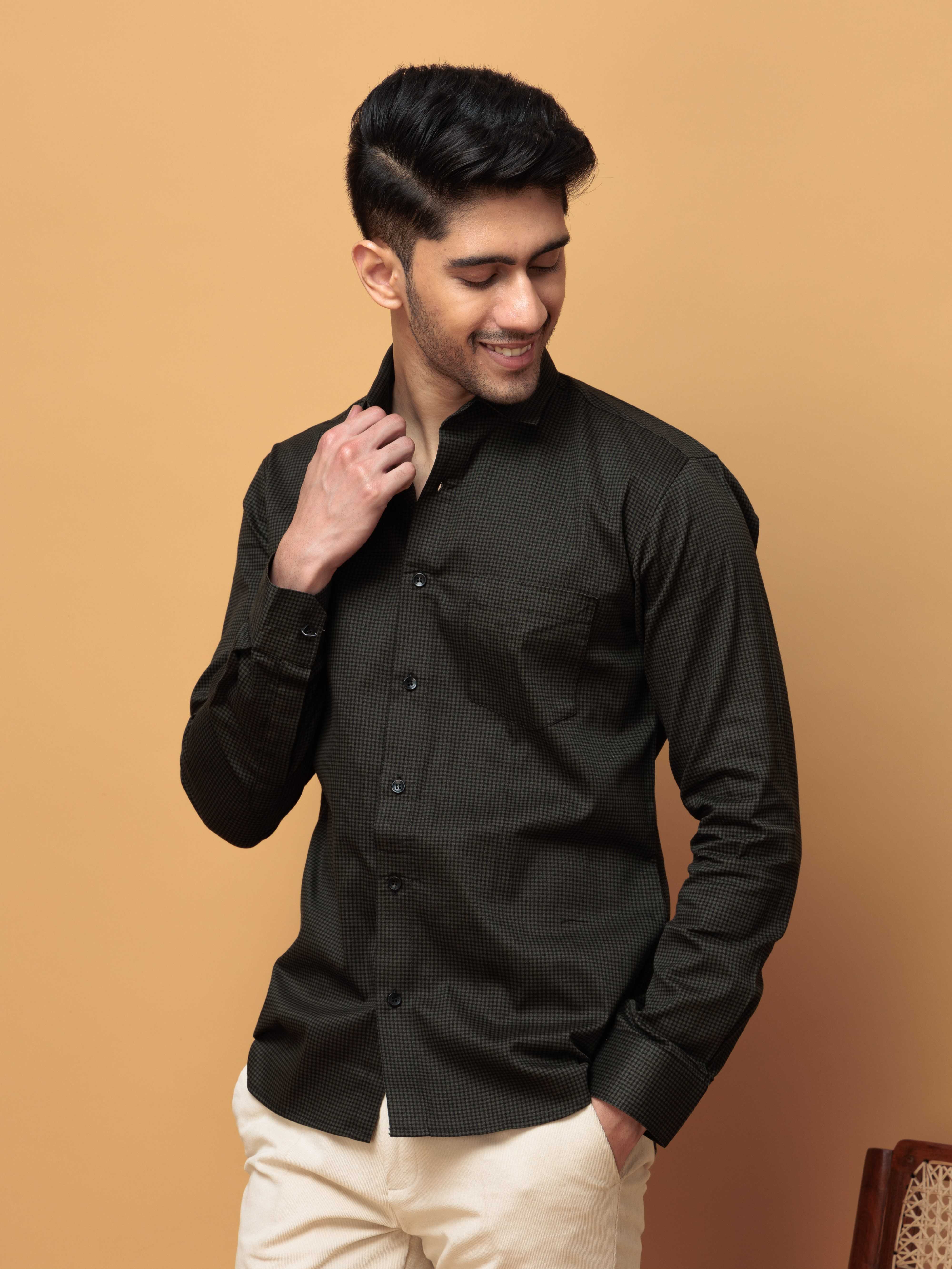 FOOMER GREEN MINI CHECKED COTTON CASUAL SHIRT FOR MEN'S