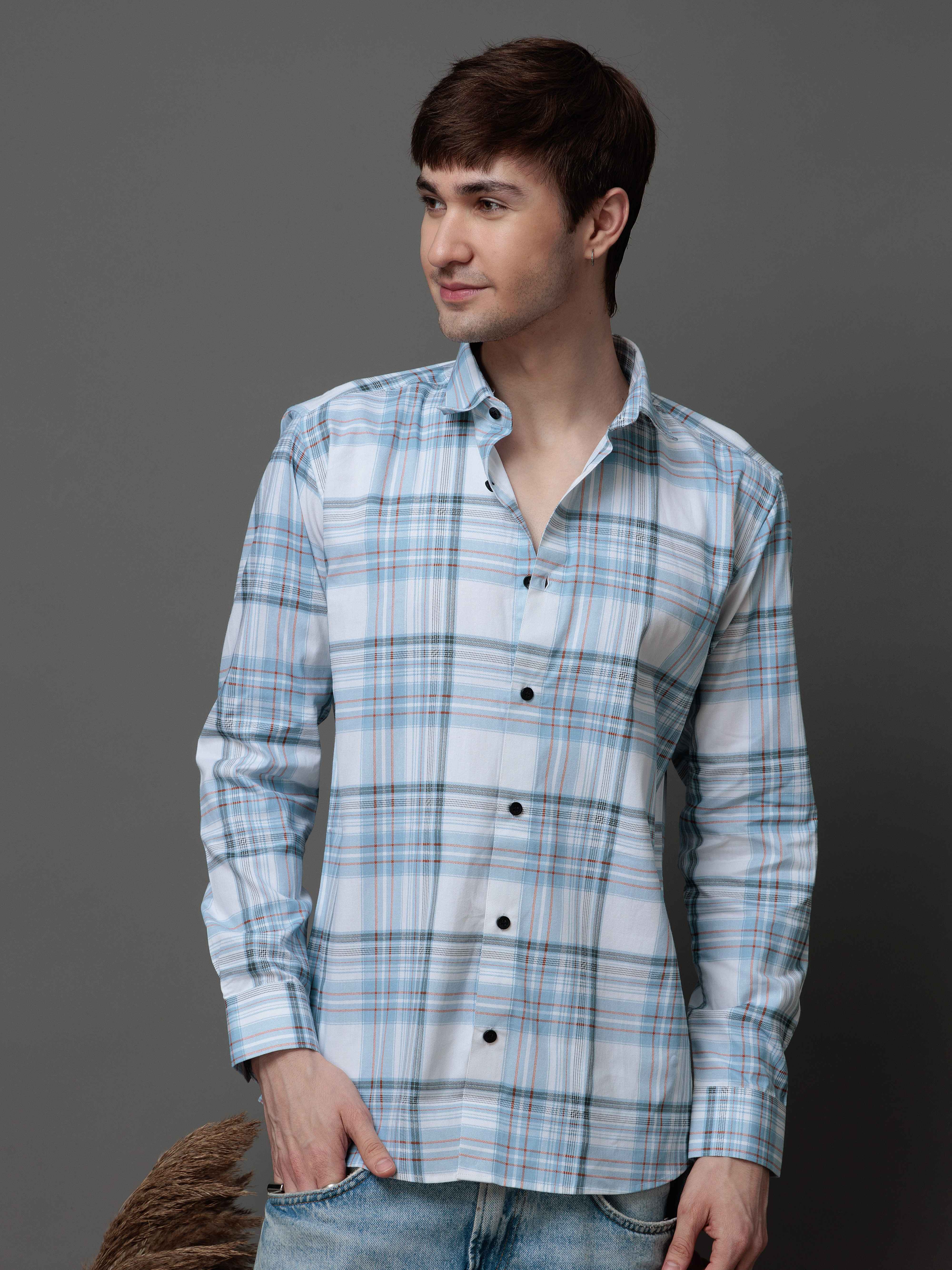 BOX SKY CHECKED COTTON CASUAL SHIRT FOR MEN'S