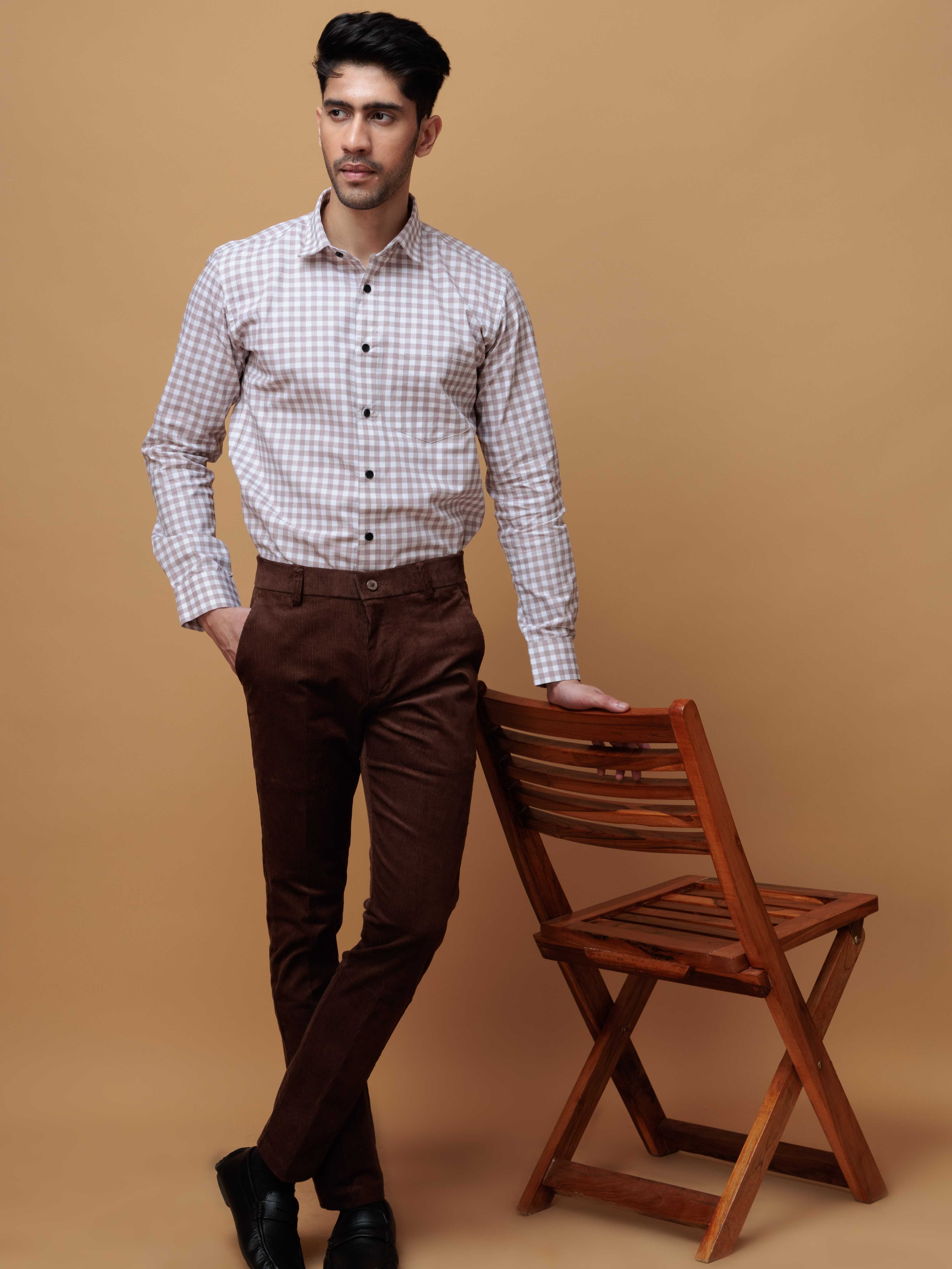 BROWN CHECKERD PRINTED COTTON CASUAL SHIRT FOR MEN'S