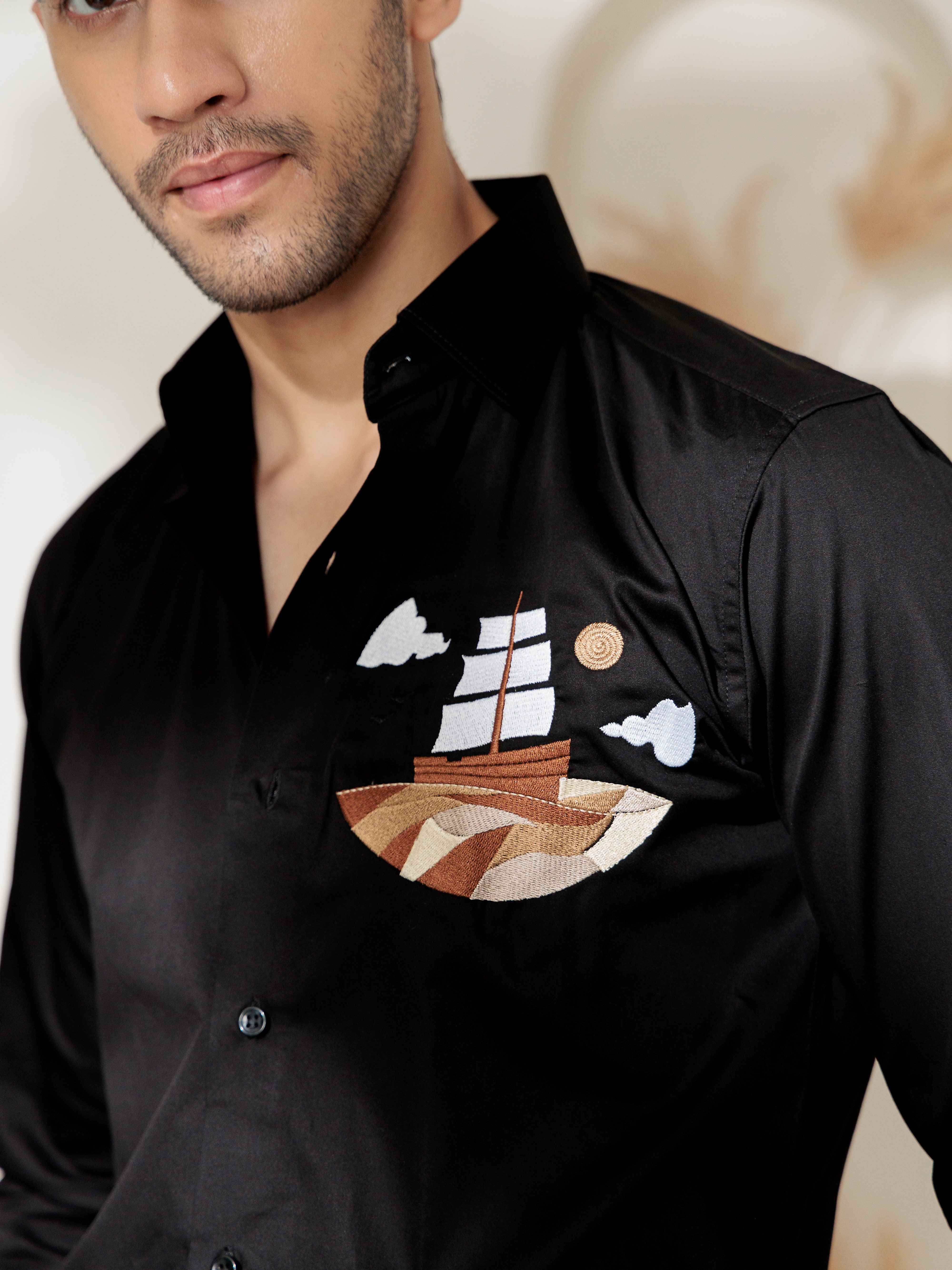 FOOMER BLACK EMBROIDERED DESIGNER WEAR SATIN COTTON SHIRT FOR MEN