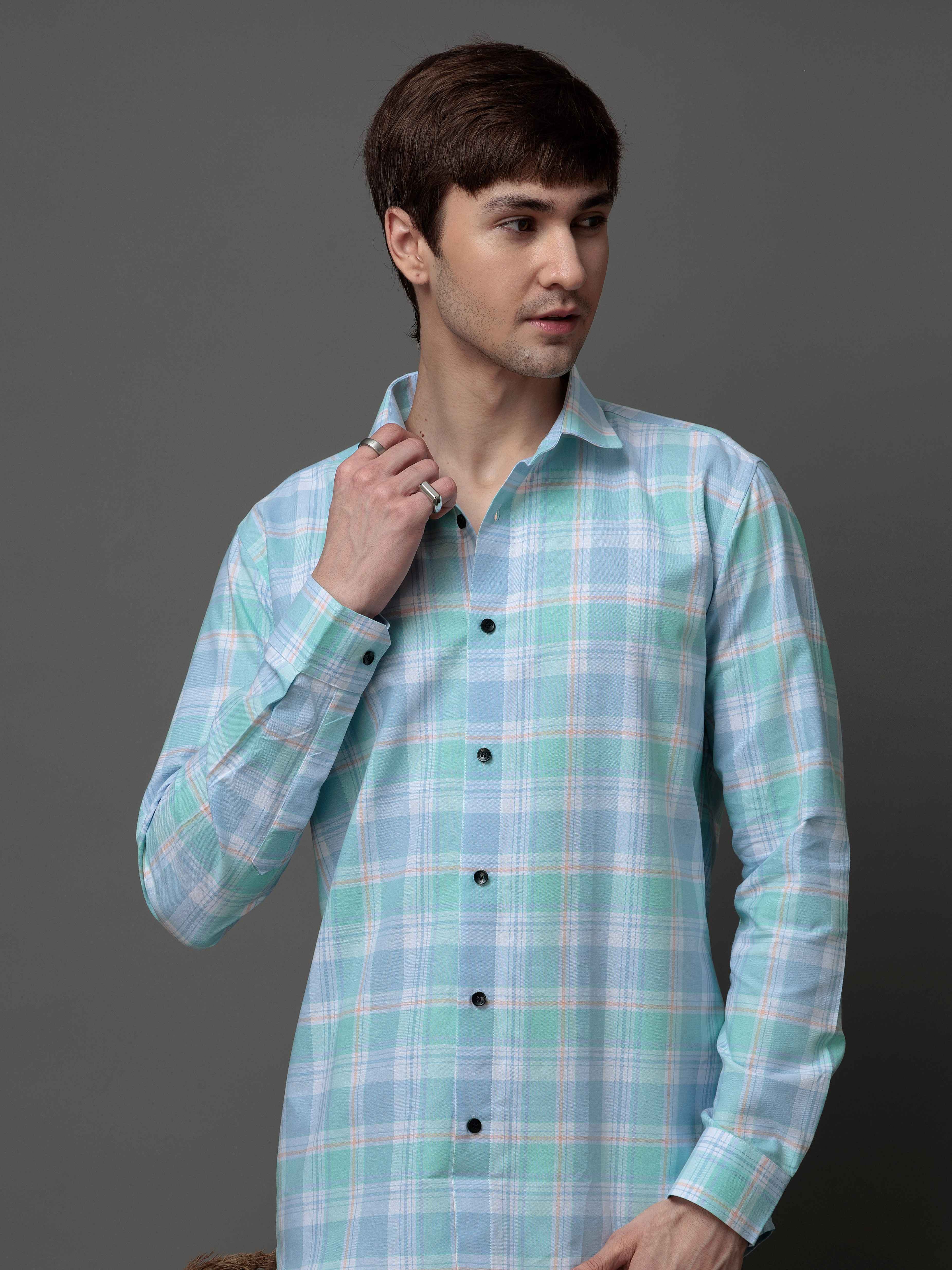 BOX CYAN CHECKED COTTON CASUAL SHIRT FOR MEN'S