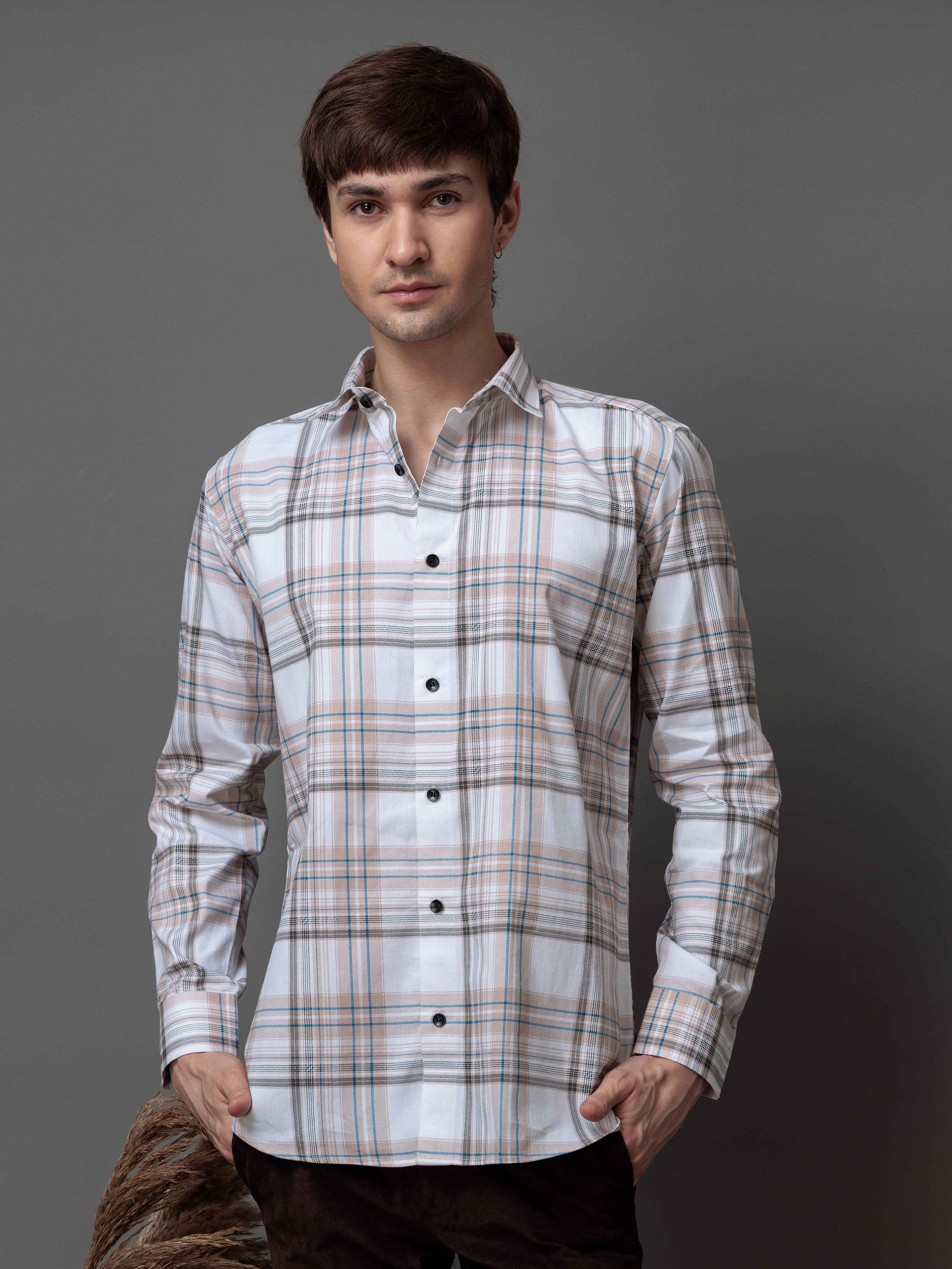 BOX BROWN CHECKED COTTON CASUAL SHIRT FOR MEN'S