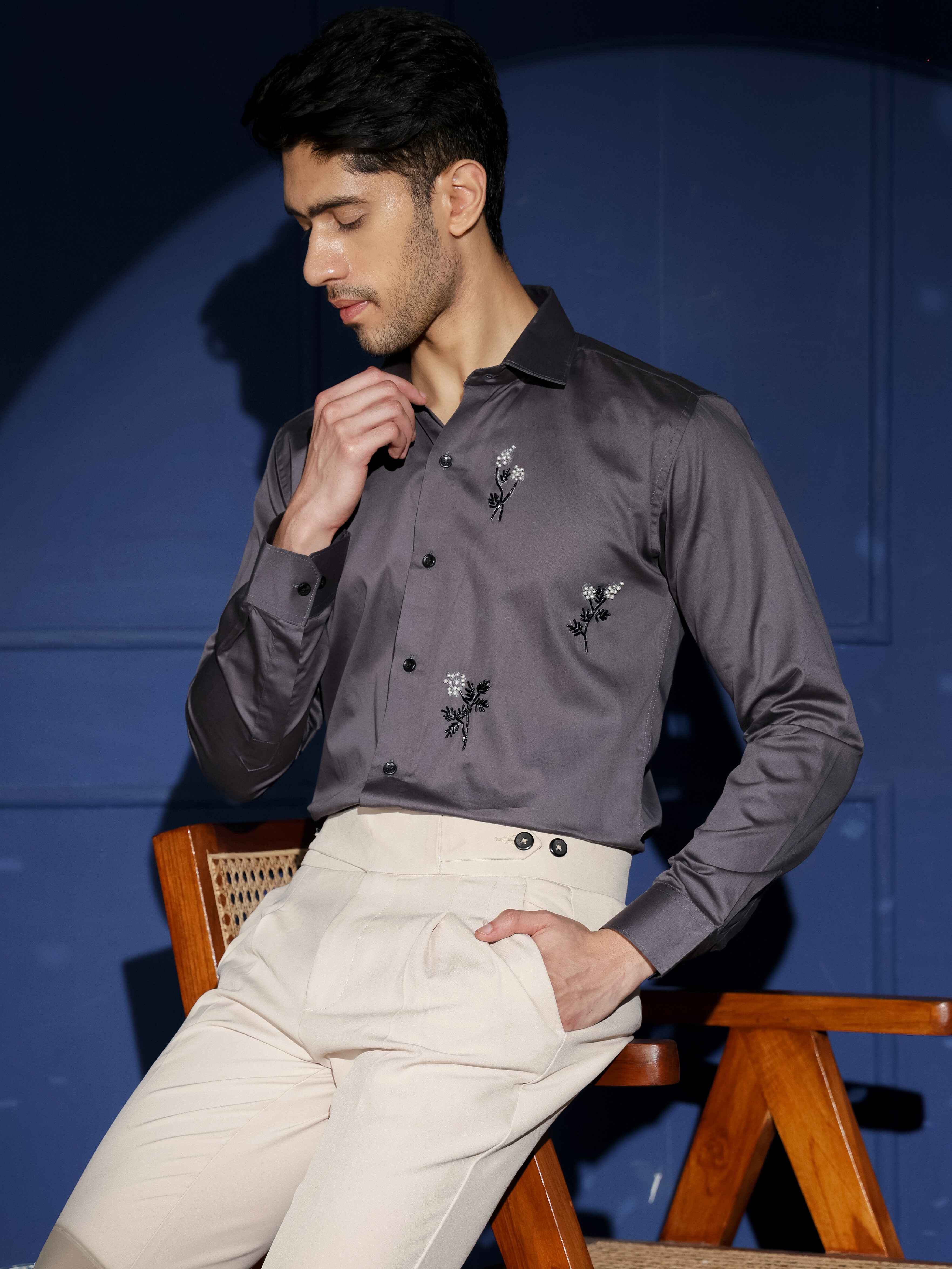 FOOMER FLORAL HD RHINESTONE HAND WORK SATIN COTTON SHIRT