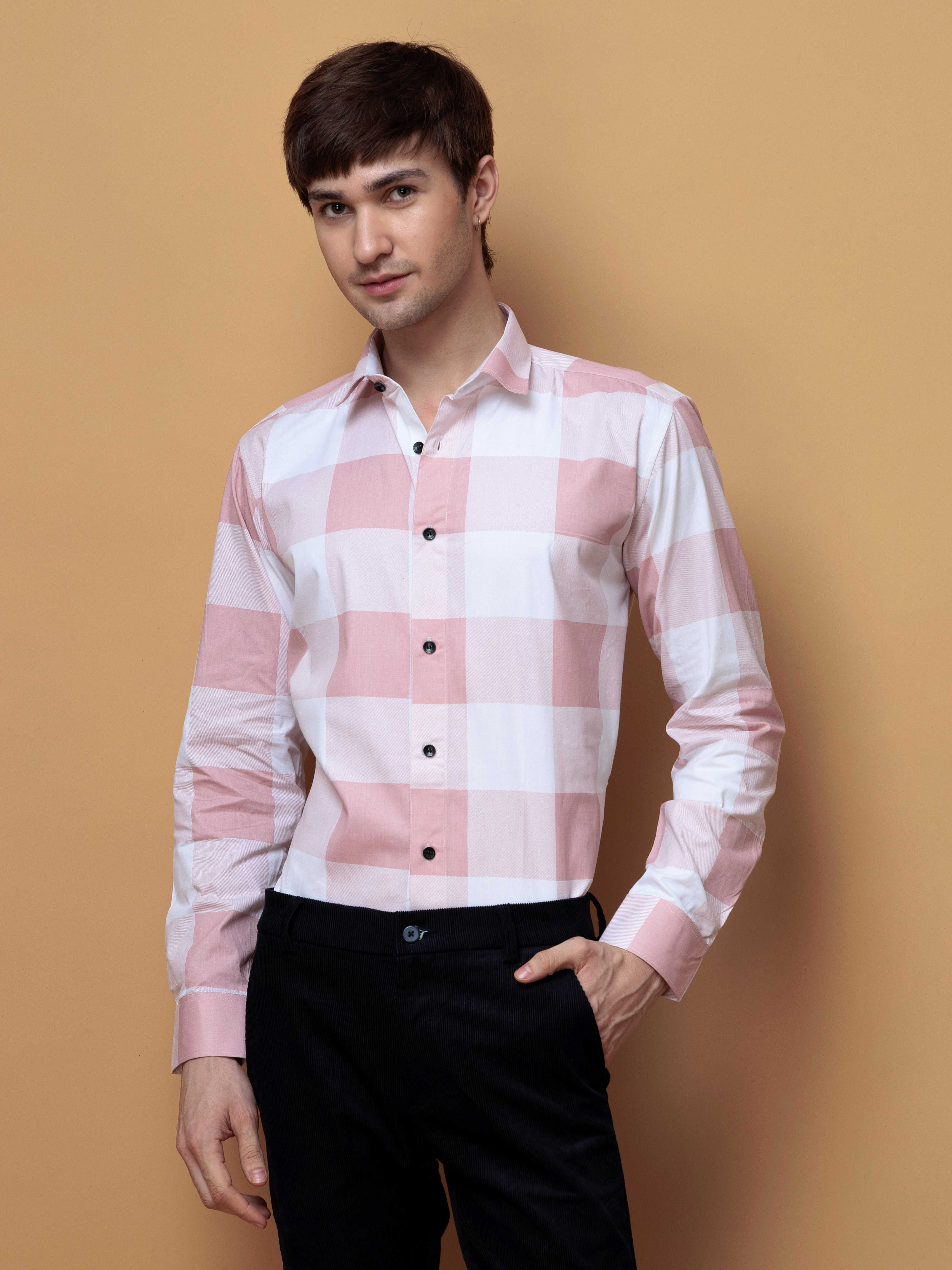 FOOMER SQUARE PEACH CHECKED COTTON CASUAL SHIRT FOR MEN'S