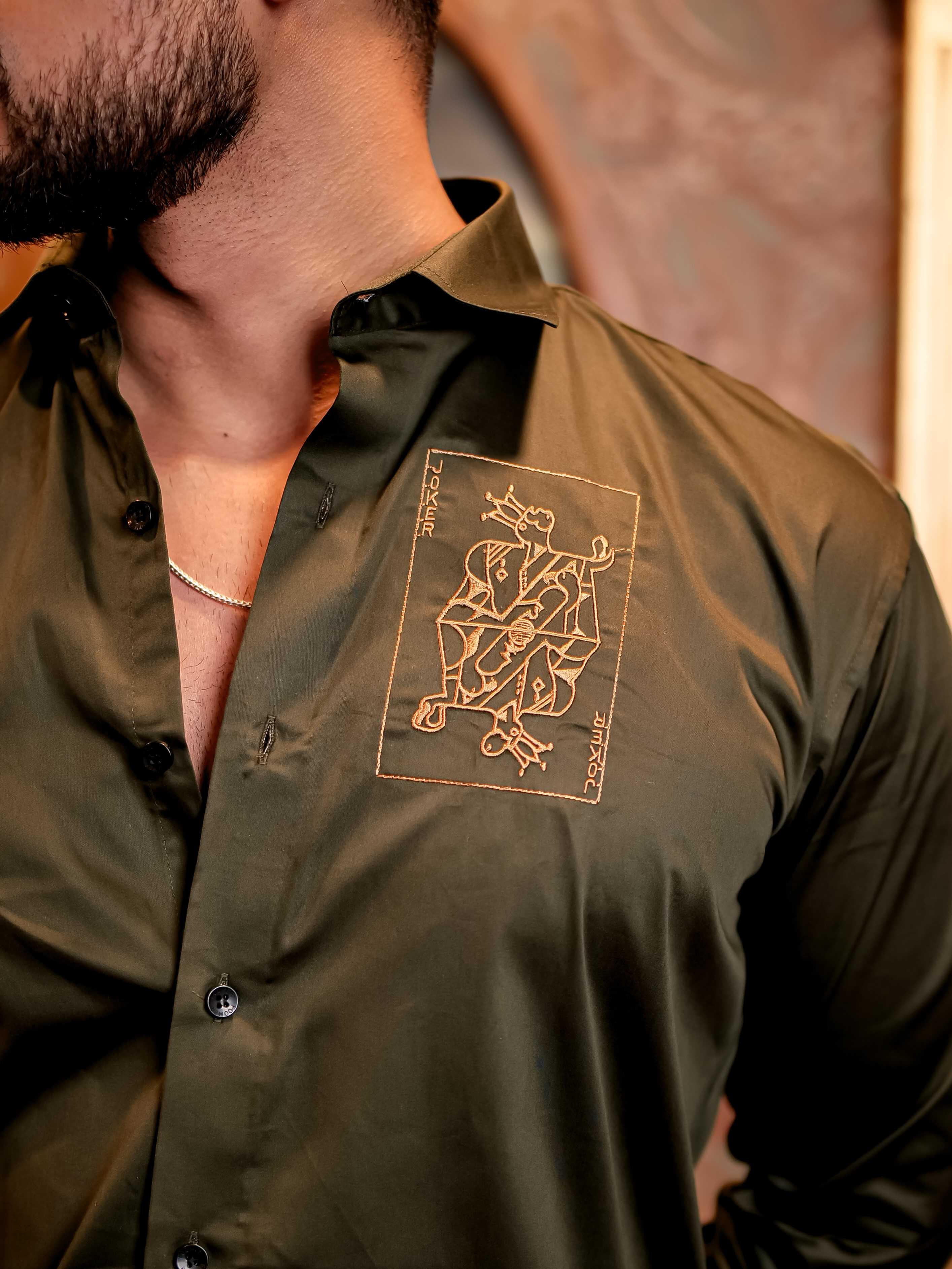Joker Olive Green Embroidered Club Wear Satin Cotton Shirt