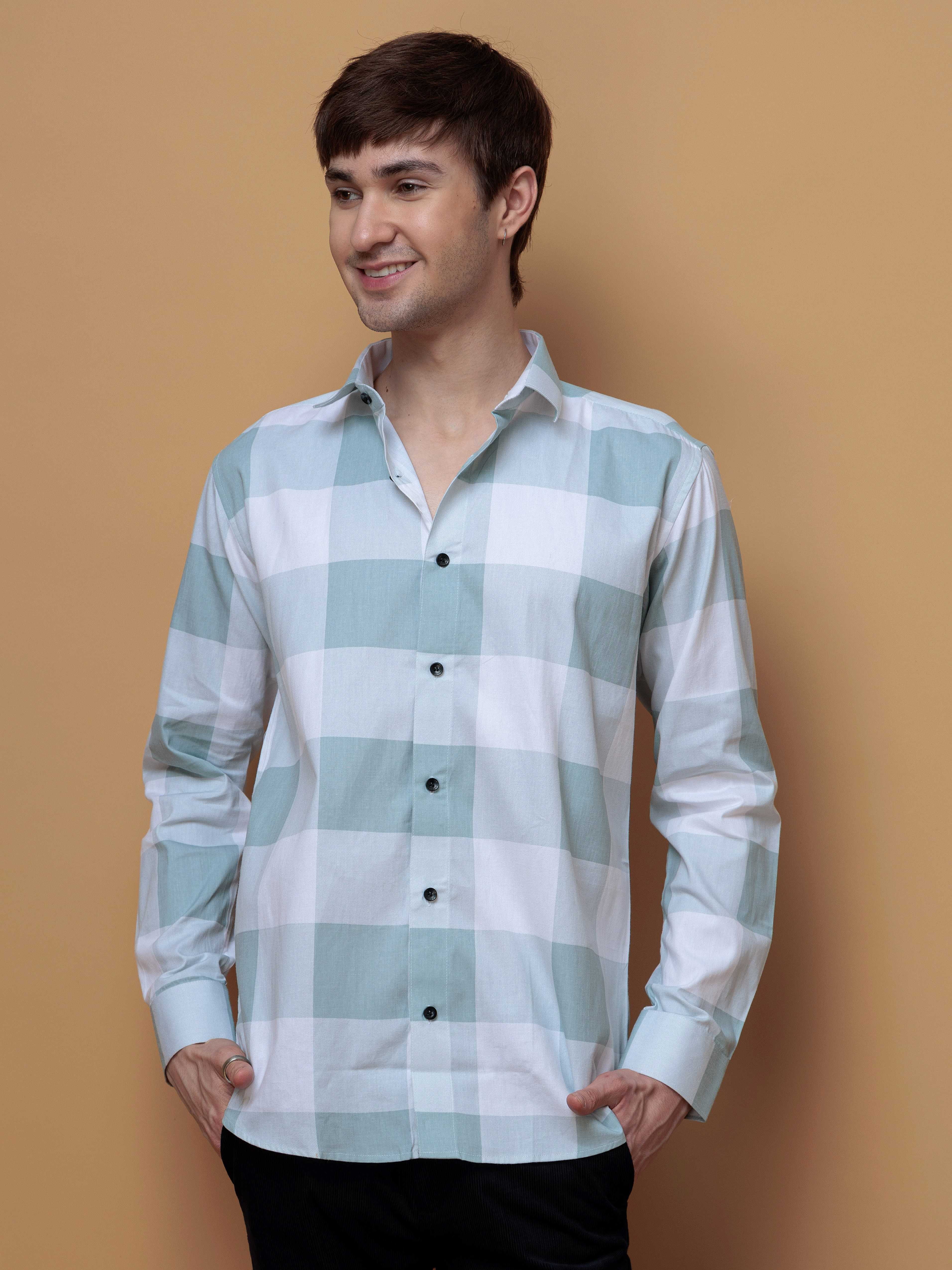 FOOMER GREEN CHECKS COTTON CASUAL SHIRT FOR MEN'S