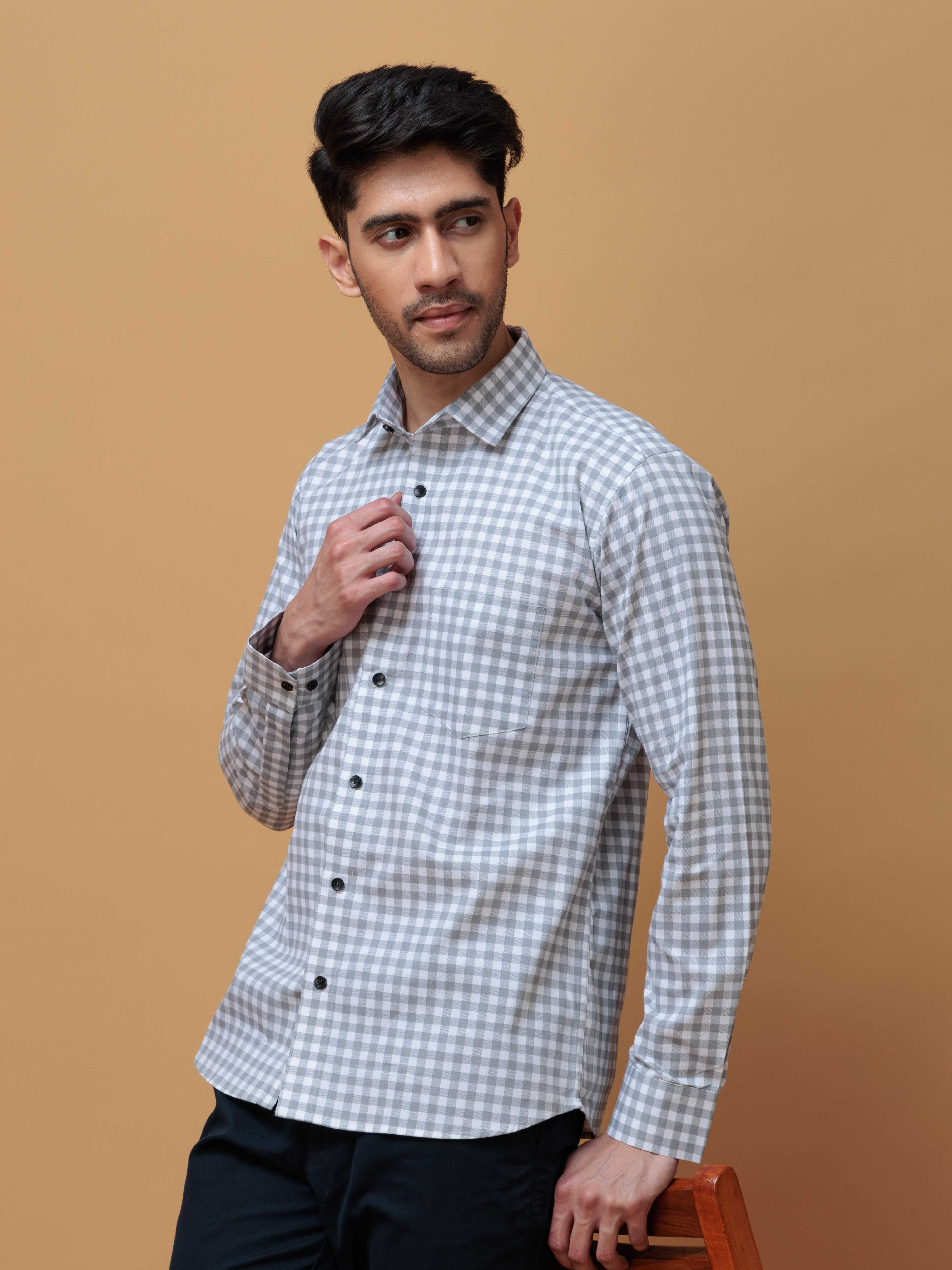 GREY CHECKERED PRINTED COTTON CASUAL SHIRT FOR MEN'S