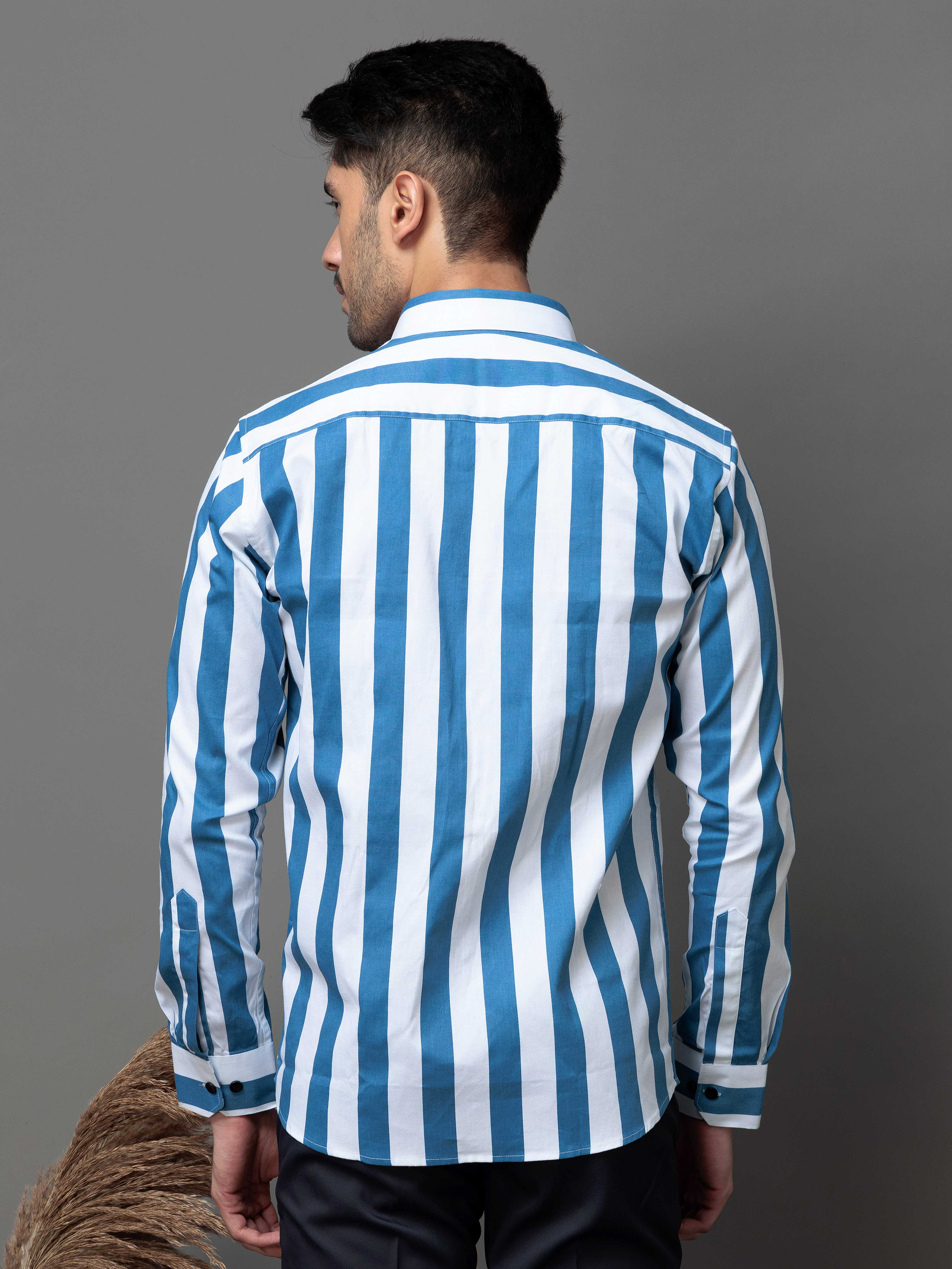 BLUE STRIPED PRINTED COTTON CASUAL SHIRT FOR MEN'S