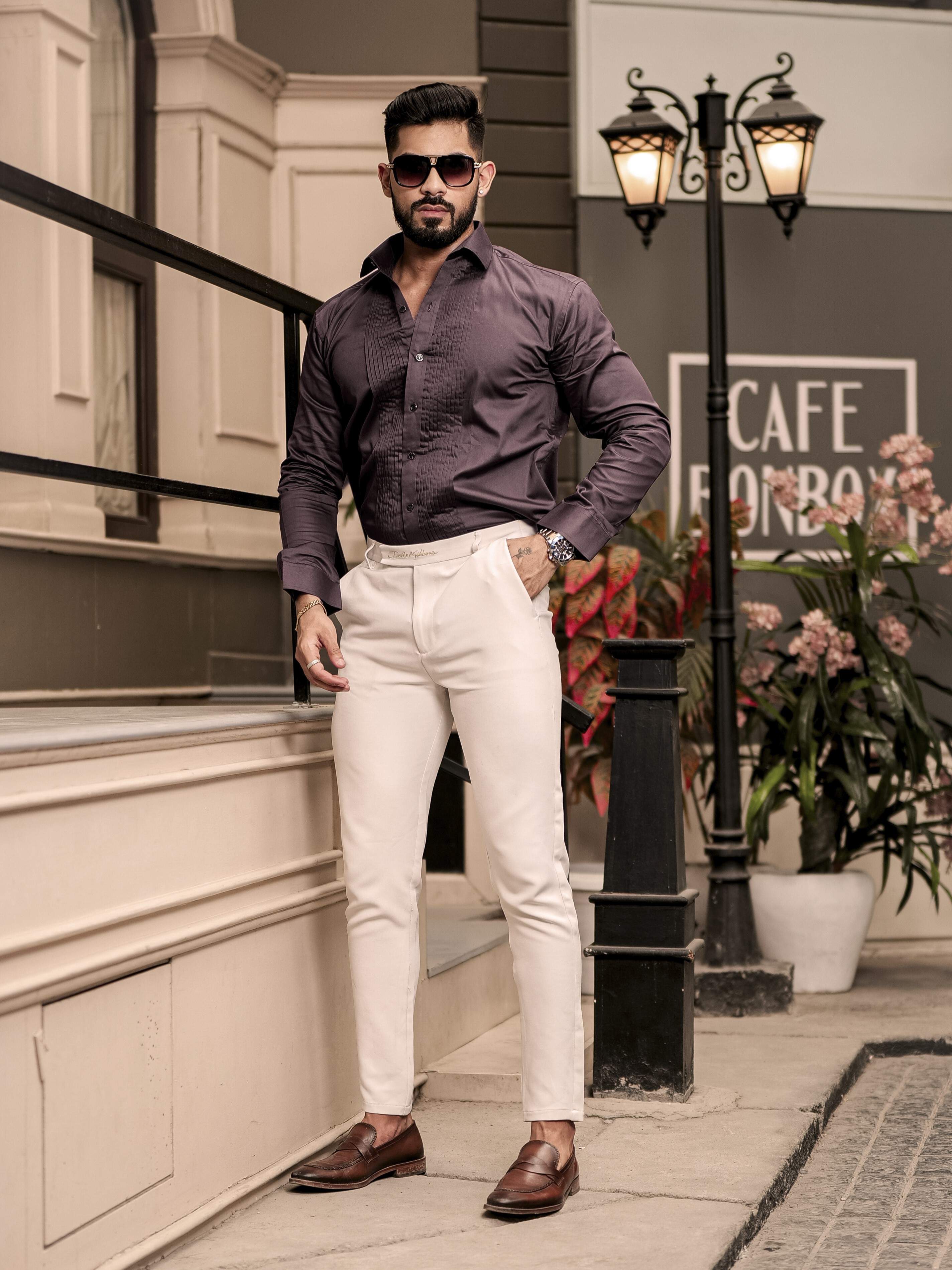 Brown Subtle Sheen Tuxedo Premium Giza Satin Cotton Shirt
