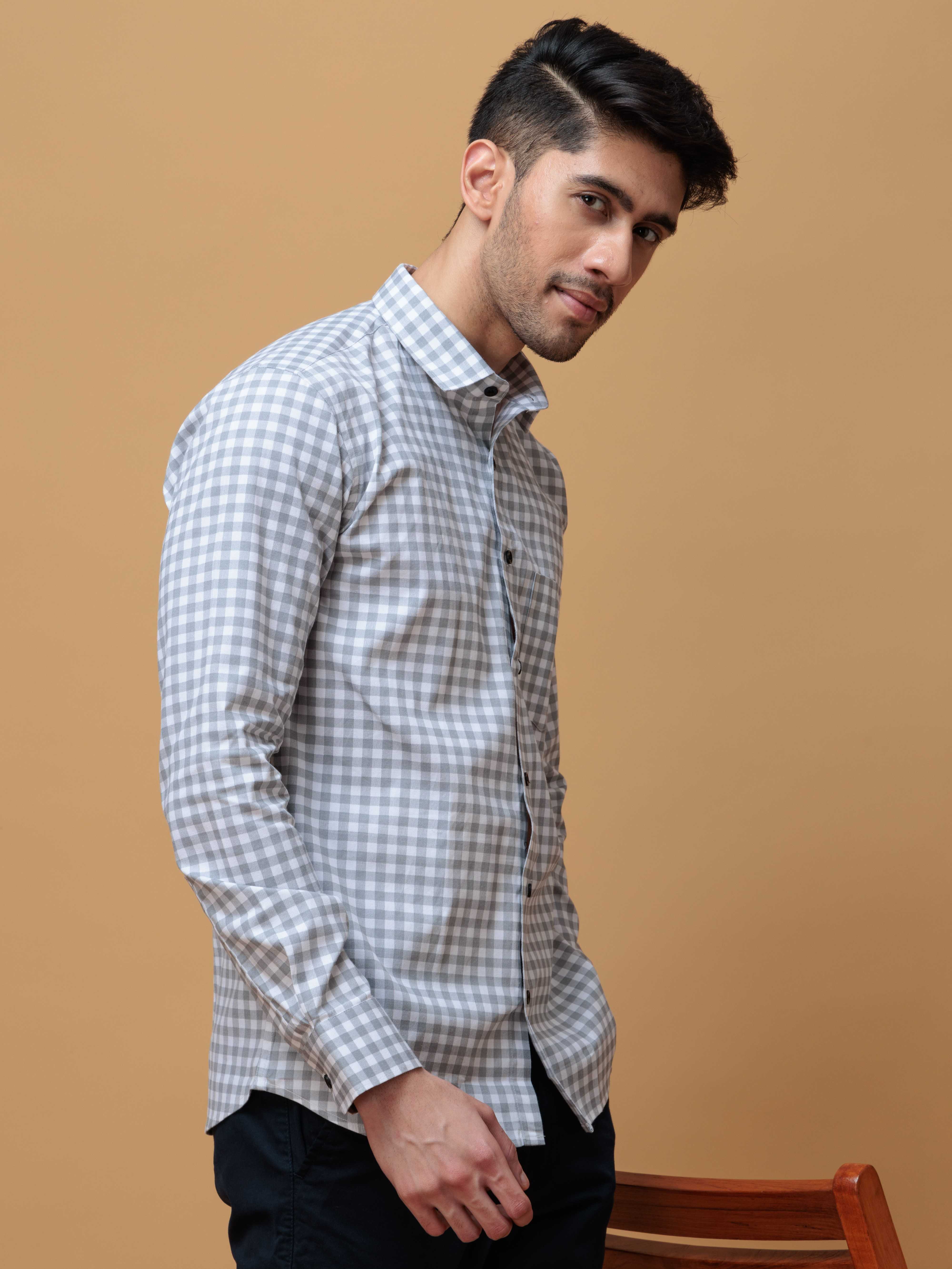 GREY CHECKERED PRINTED COTTON CASUAL SHIRT FOR MEN'S