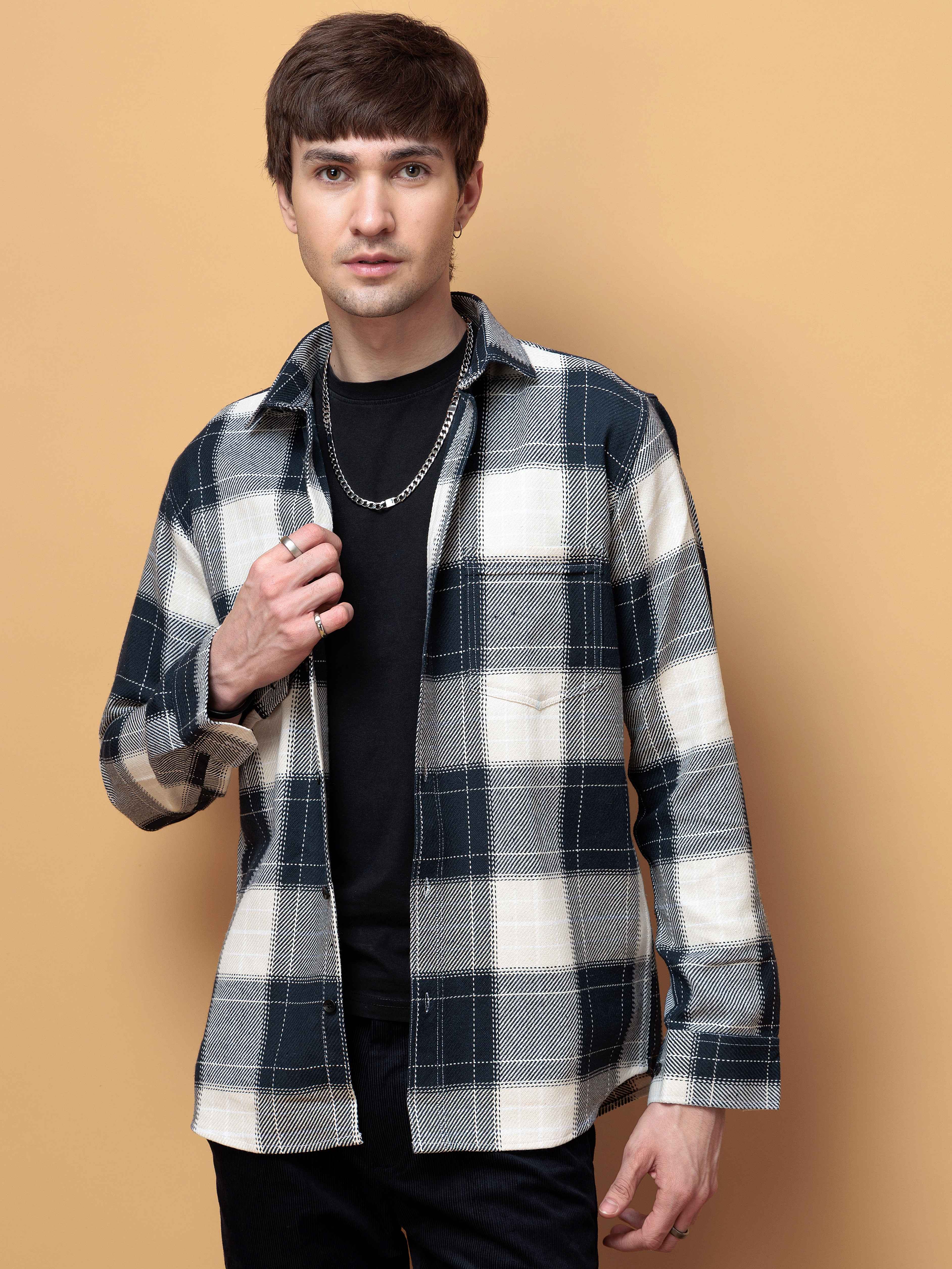 FOOMER TARTAN NAVY CHECKED COTTON CASUAL SHIRT FOR MEN'S