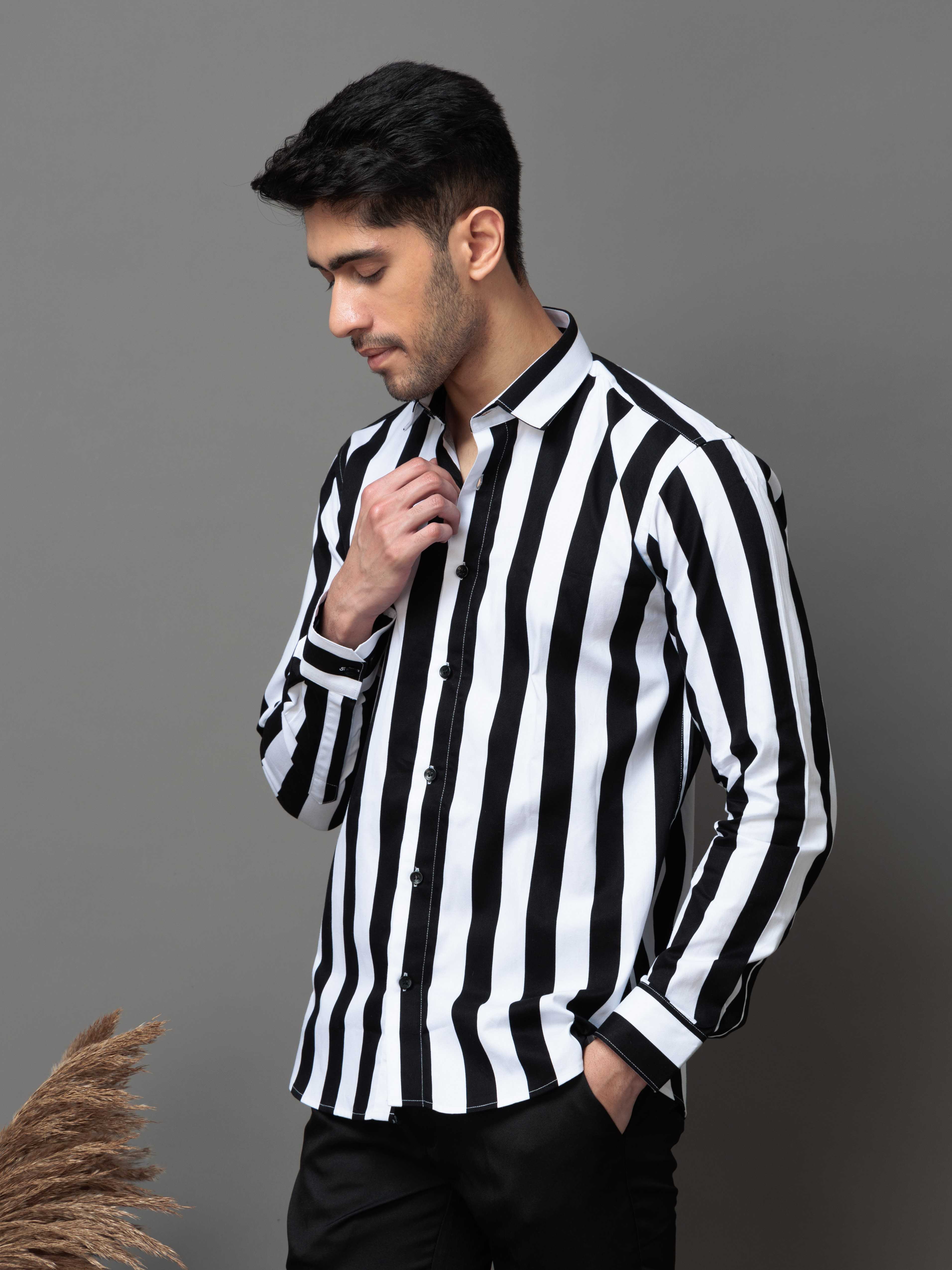 BLACK STRIPED PRINTED COTTON CASUAL SHIRT FOR MEN'S